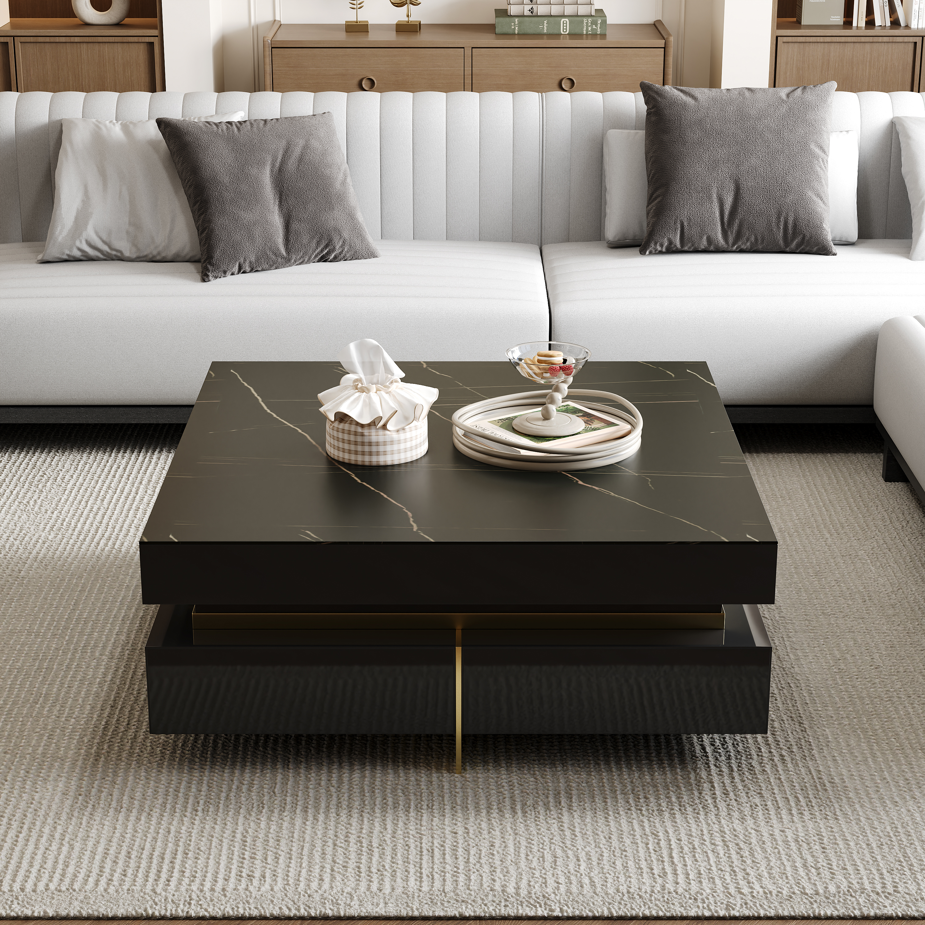 Black Modern Square Coffee Table with Drawers Sintered Stone Top & Metal Legs