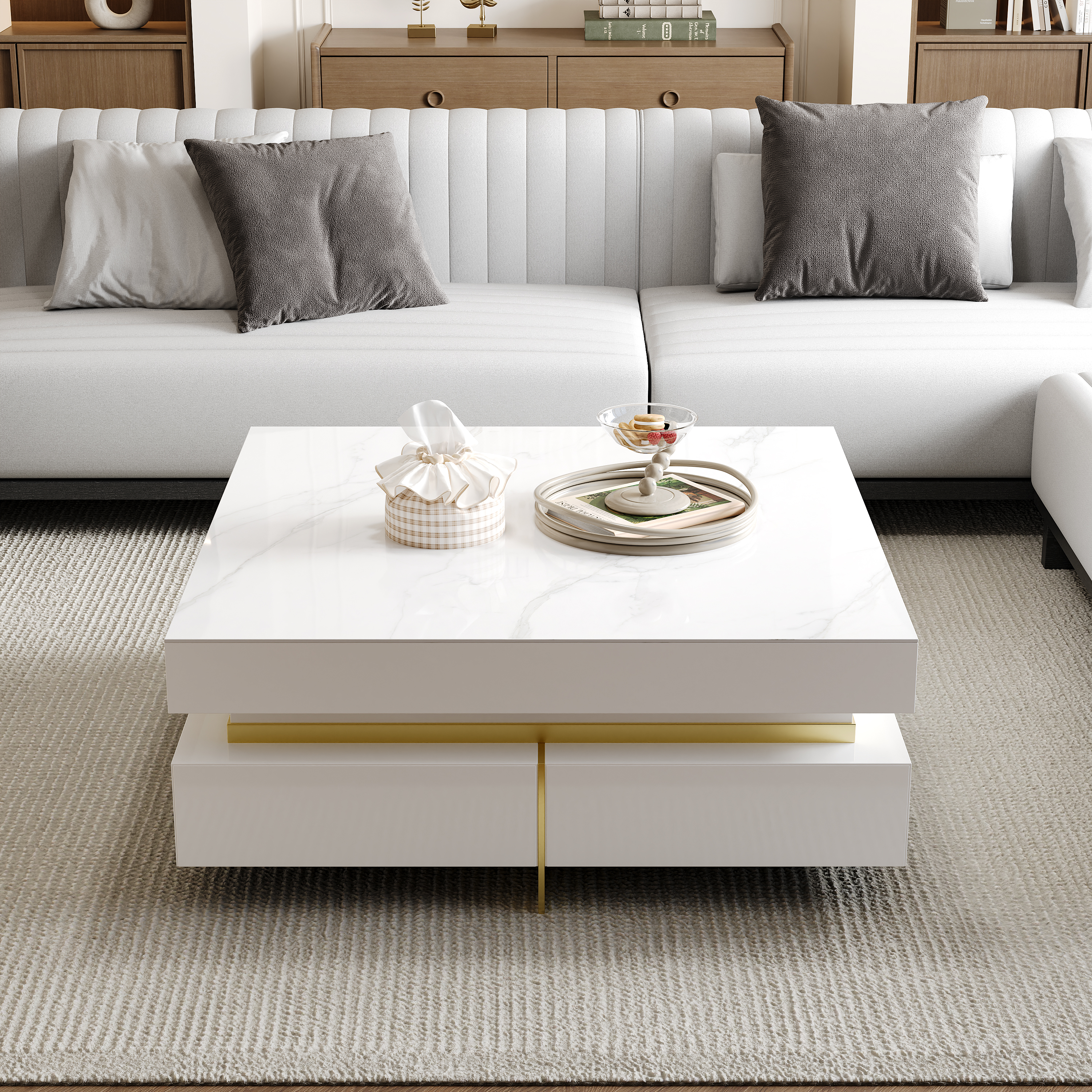 White Modern Square Coffee Table with Drawers Sintered Stone Top & Metal Legs