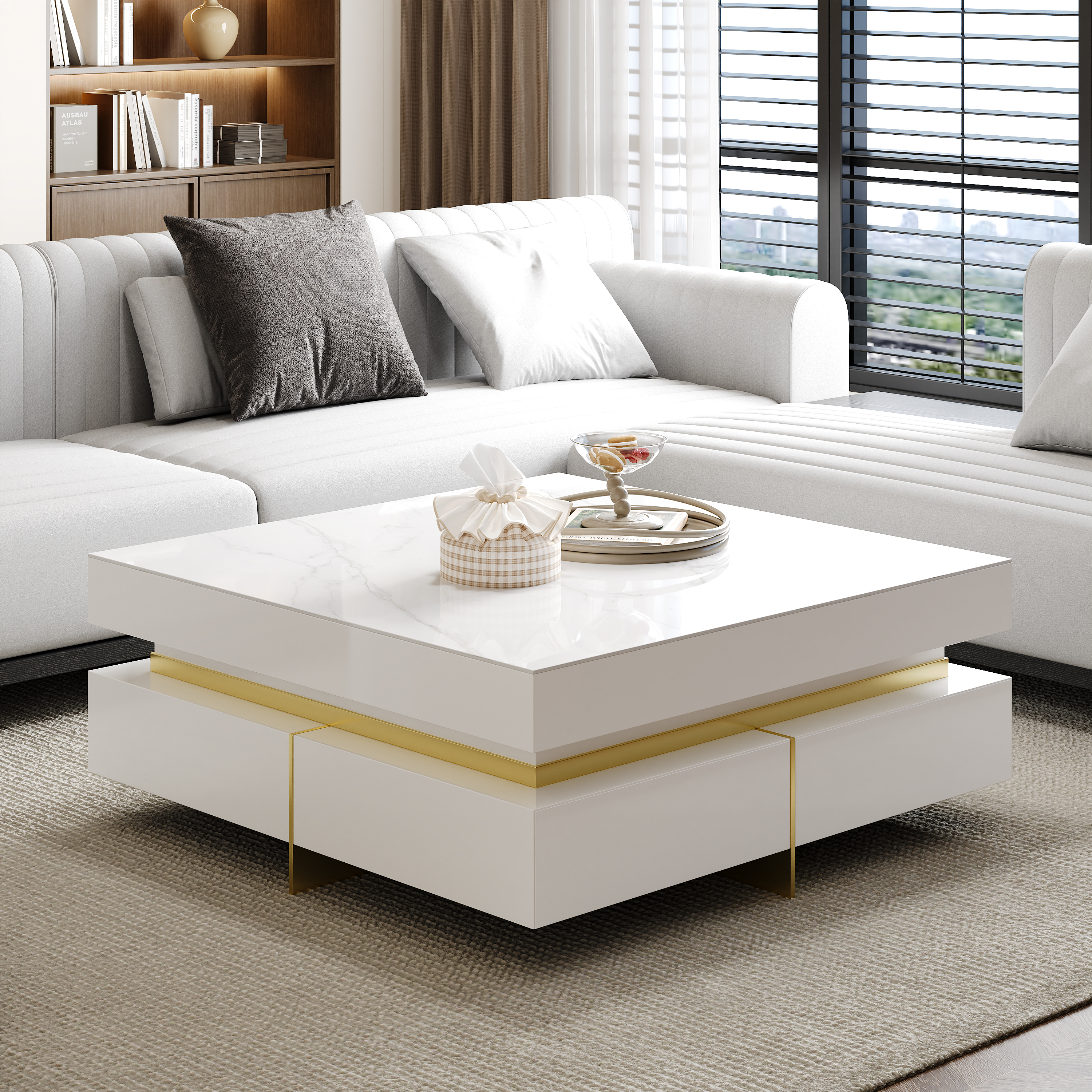White Modern Square Coffee Table with Drawers Sintered Stone Top & Metal Legs