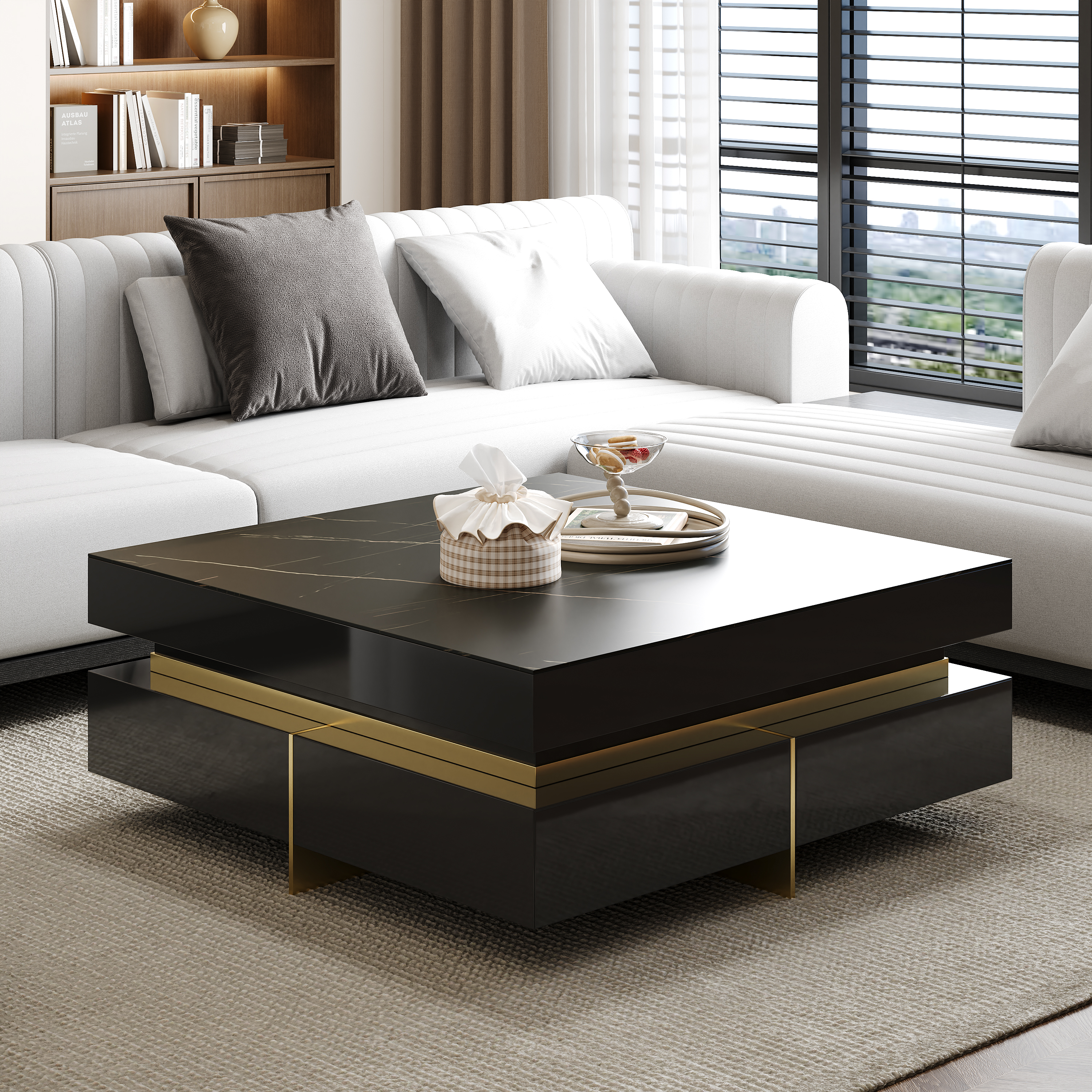 Black Modern Square Coffee Table with Drawers Sintered Stone Top & Metal Legs