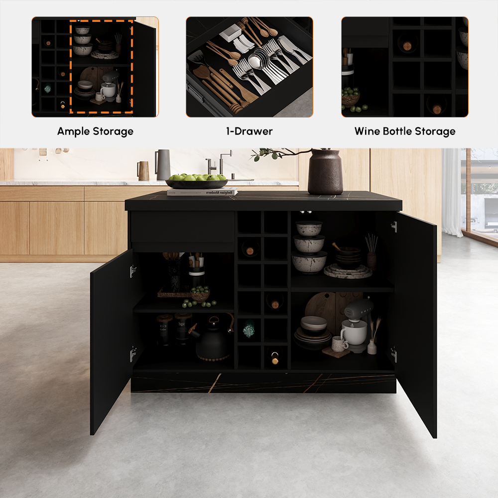 Îlot central de cuisine Japandi 127 cm noir avec rangement et éclairage LED image de vente