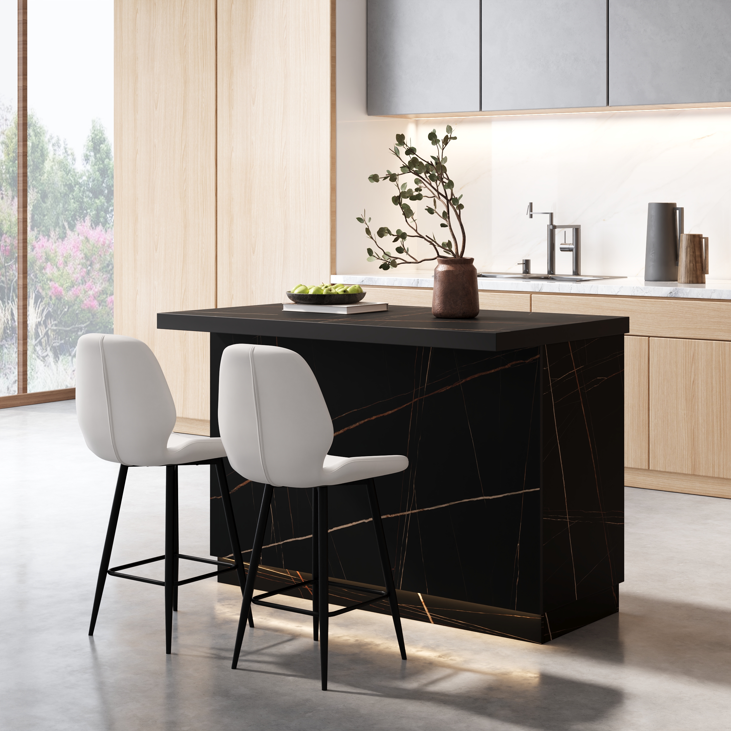 50" Kitchen lsland Wood with Storage & LED Light Black Japandi Style Kitchen Cabinet