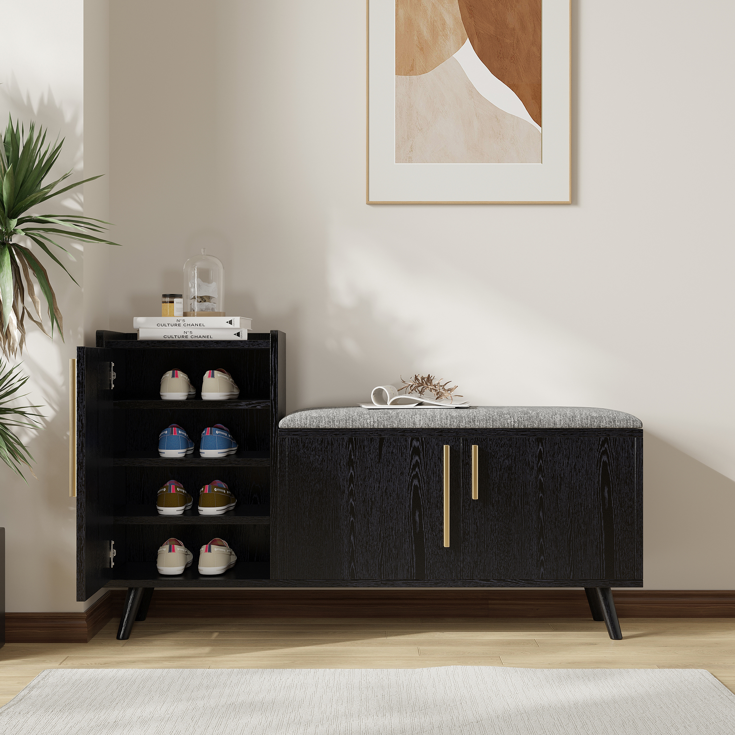 Shoe Storage Entryway Bench Wooden with 3 Doors & 5 Shelves Shoe Rack in Black (47" Wide)