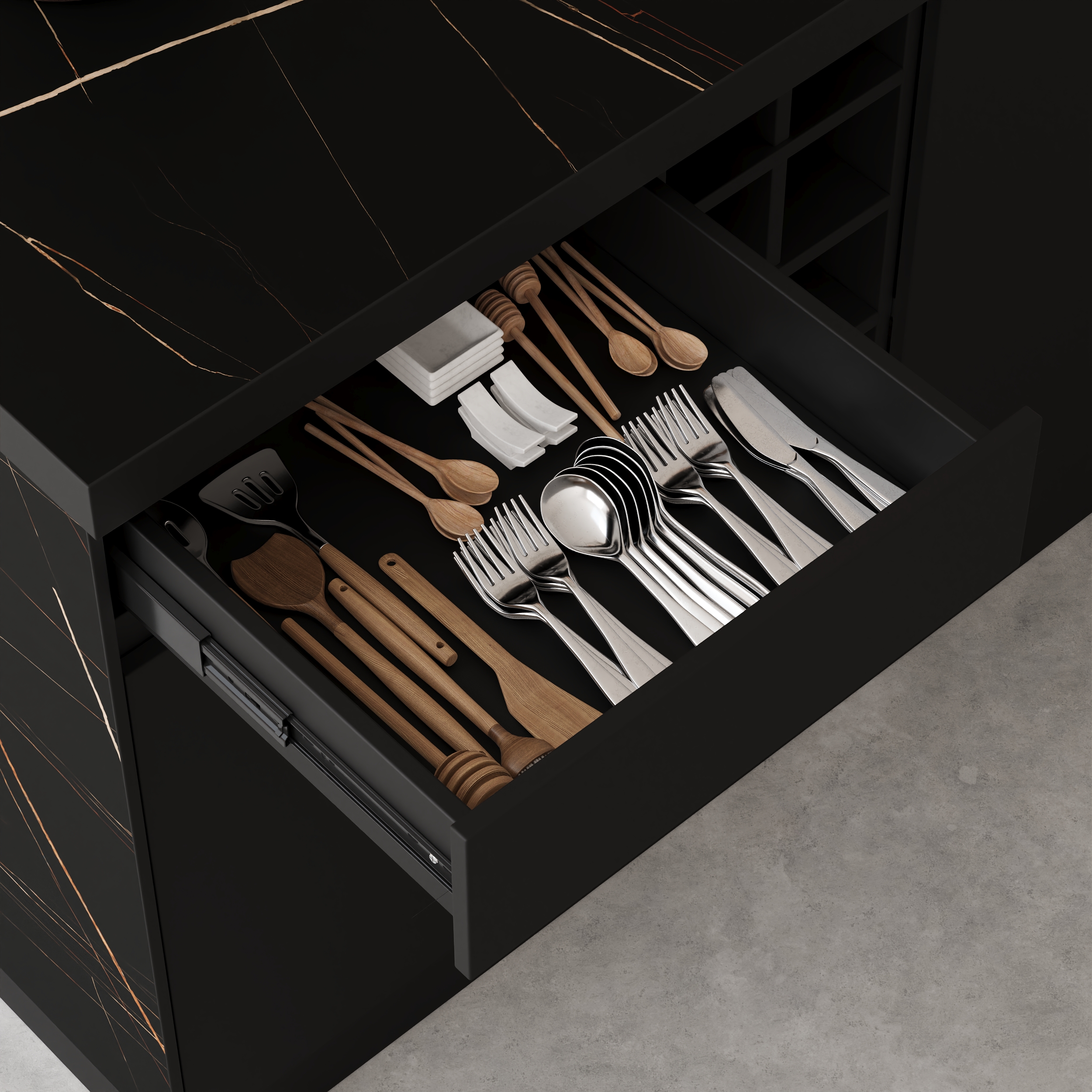 Îlot central de cuisine Japandi 127 cm noir avec rangement et éclairage LED image de vente