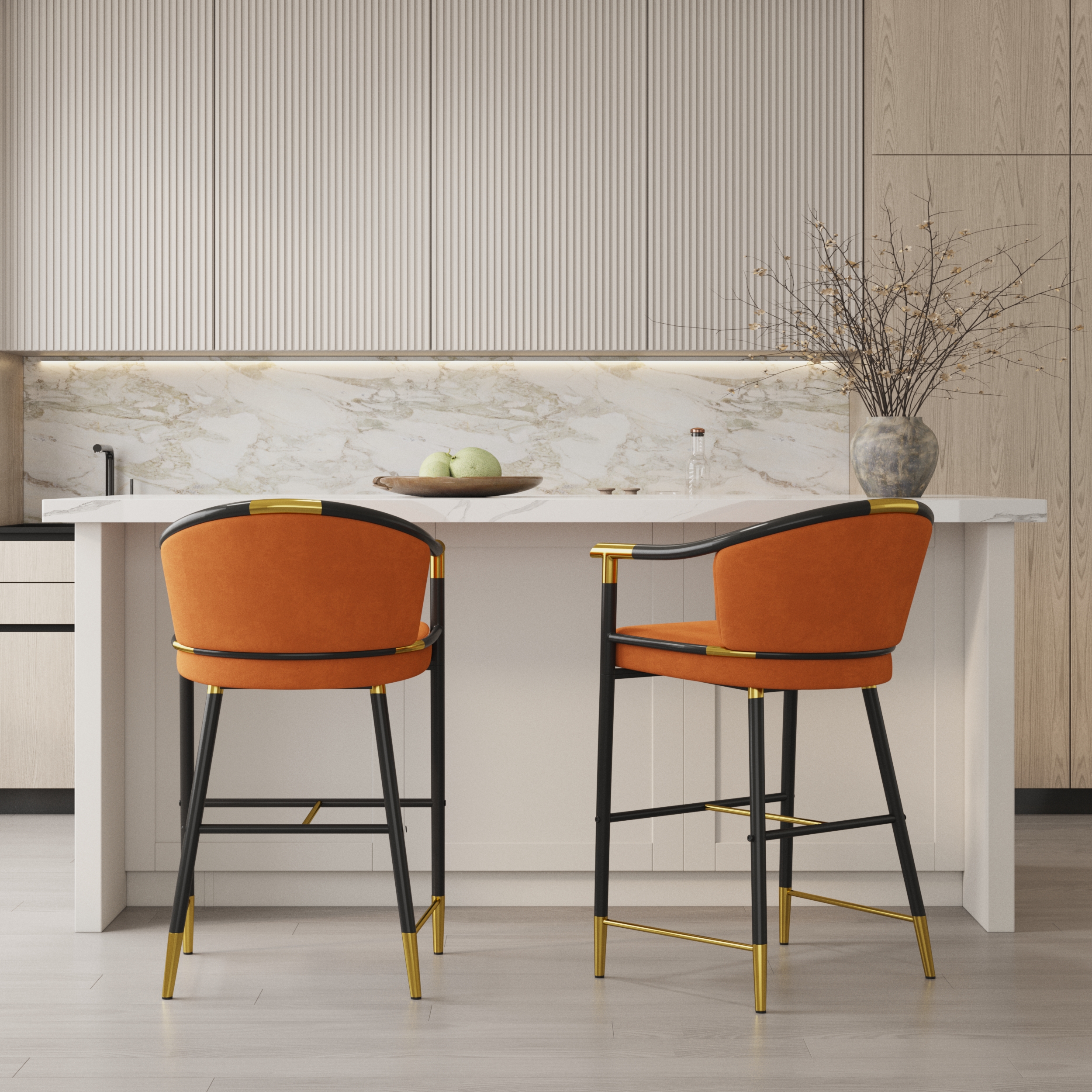 Modern Counter Stools with Velvet Upholstery Orange Bar Stools