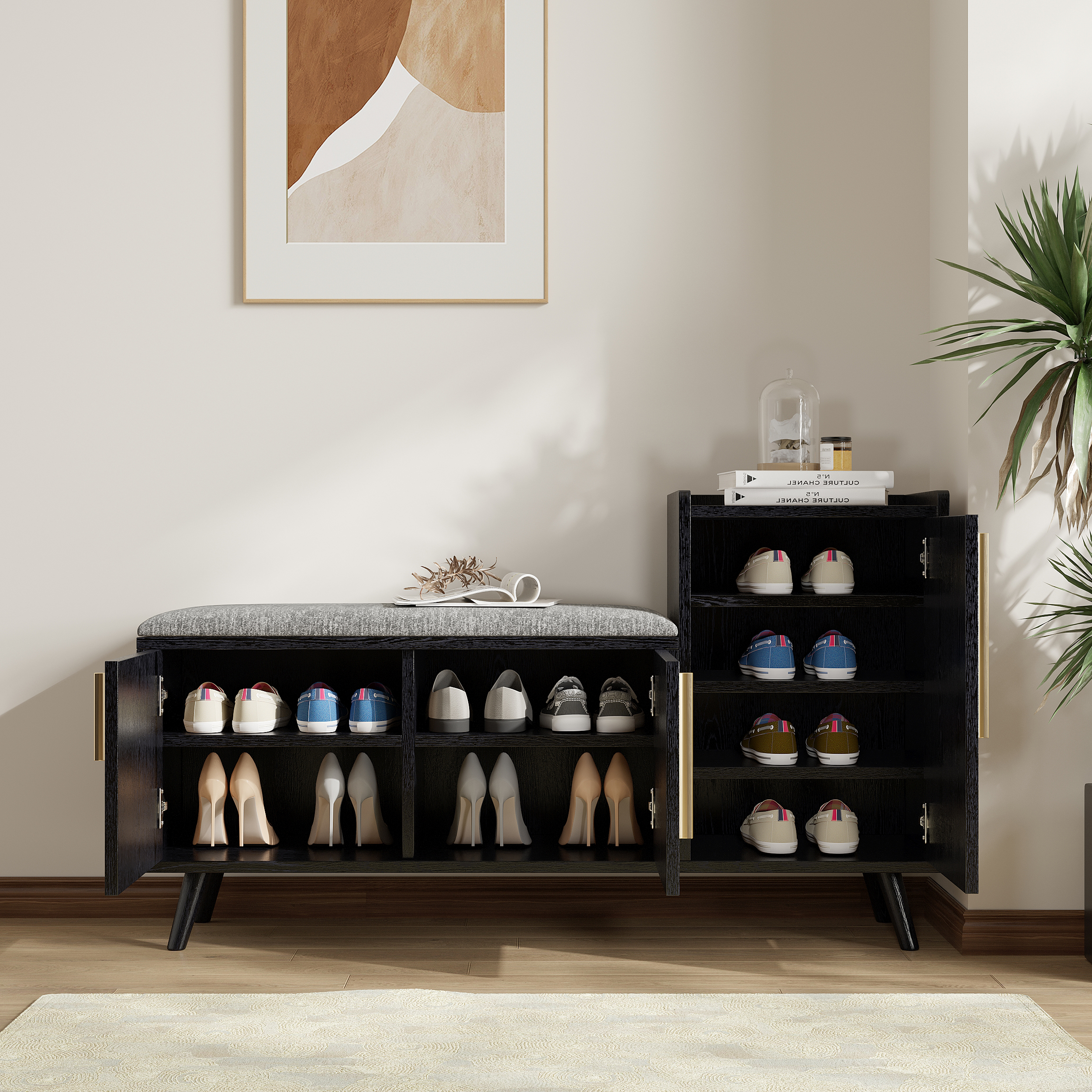 Shoe Storage Entryway Bench with Right-Side Cabinet Engineered Wood Shoe Rack in Black