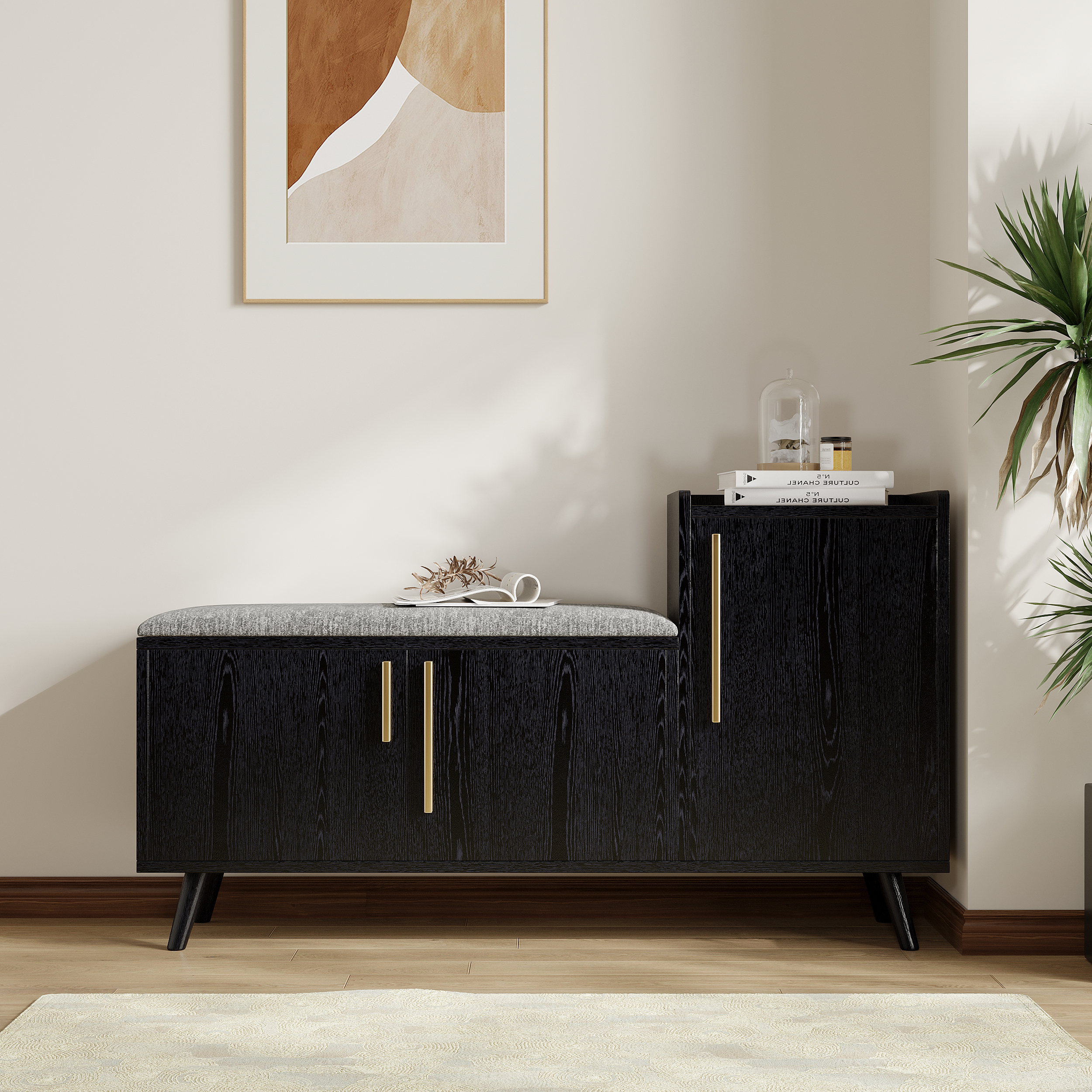 Shoe Storage Entryway Bench with Right-Side Cabinet Engineered Wood Shoe Rack in Black