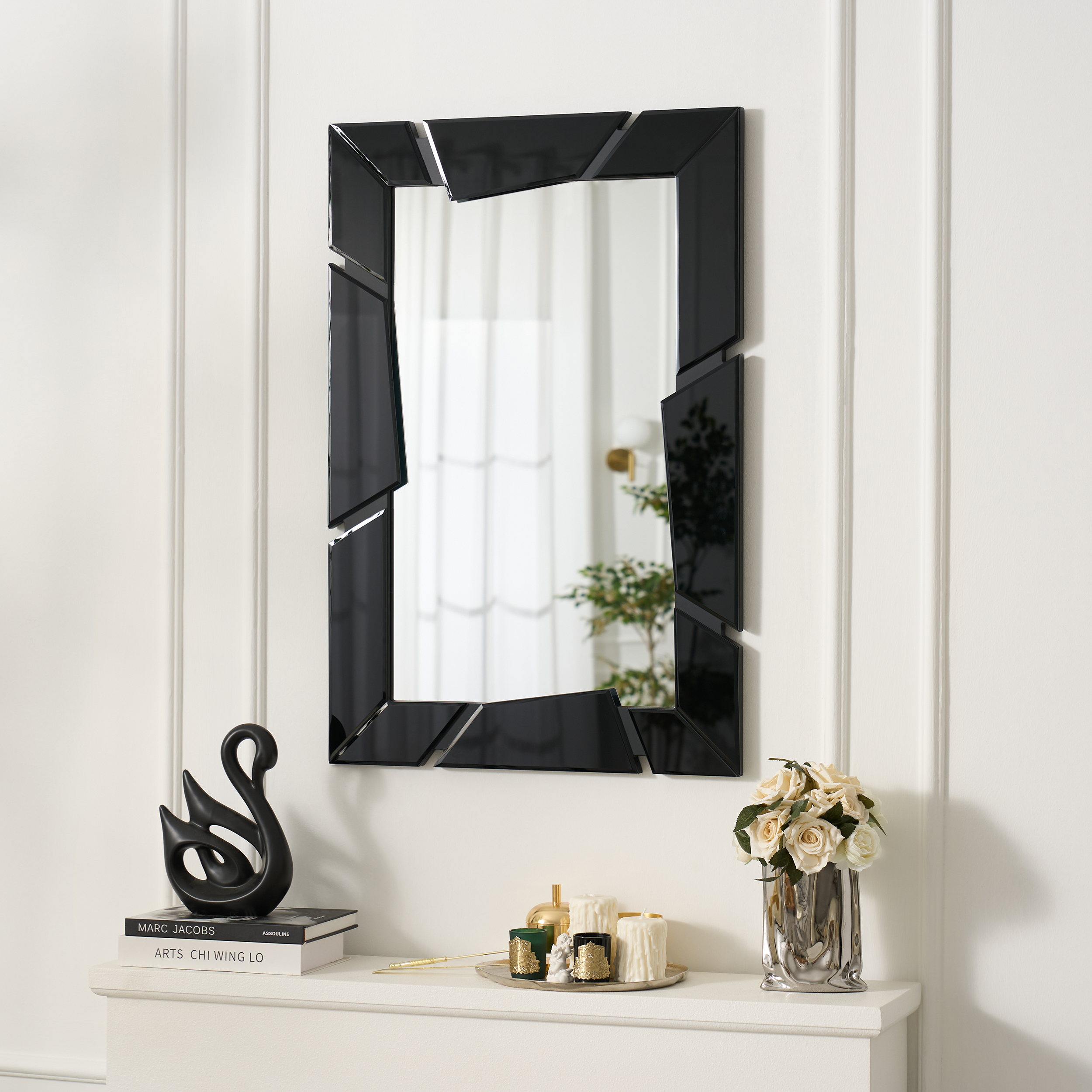 Black Wall Mirror 35.4" × 23.6"– Engineered Wood Frame, Horizontal & Vertical Hanging