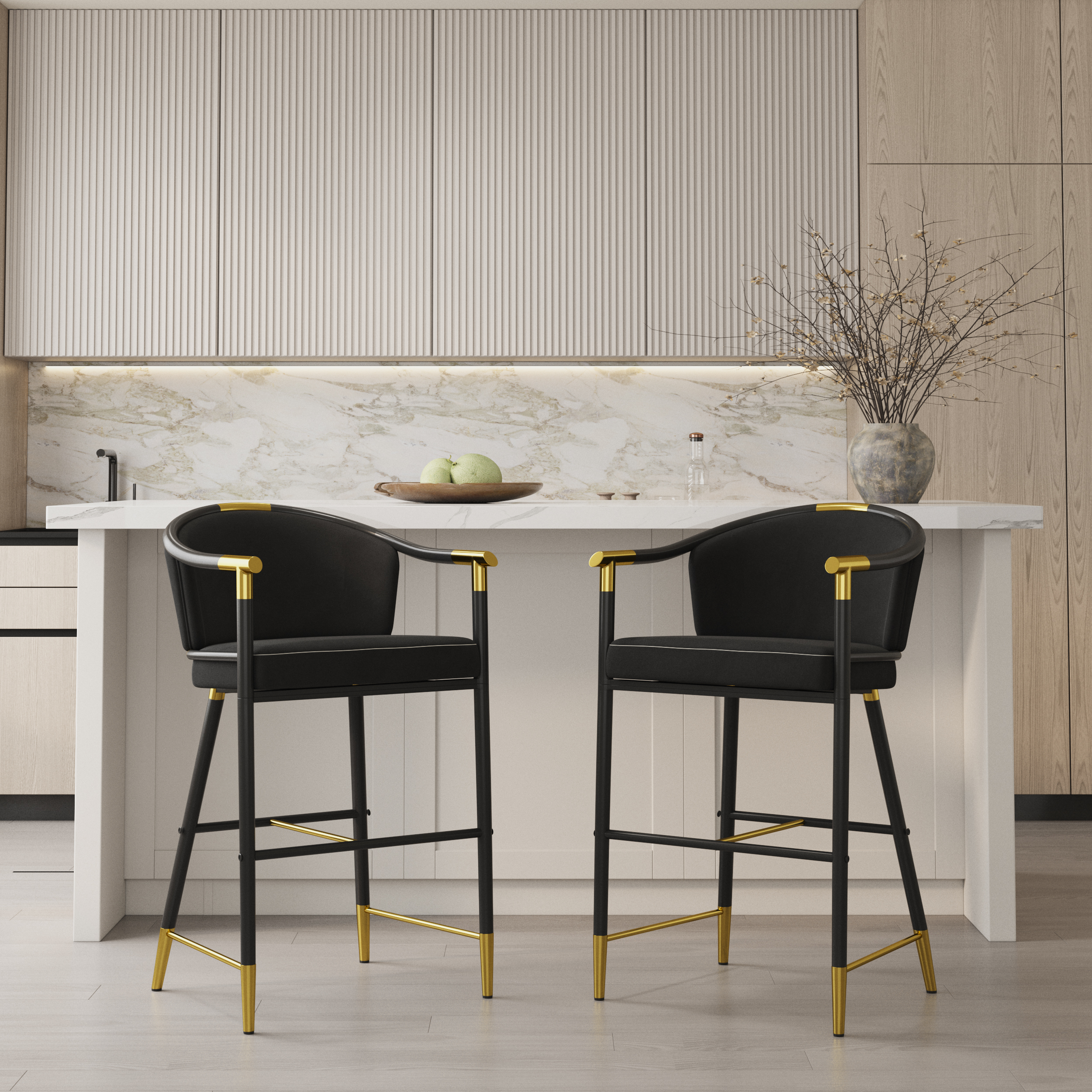Modern Counter Stools with Velvet Upholstery Black Bar Stools