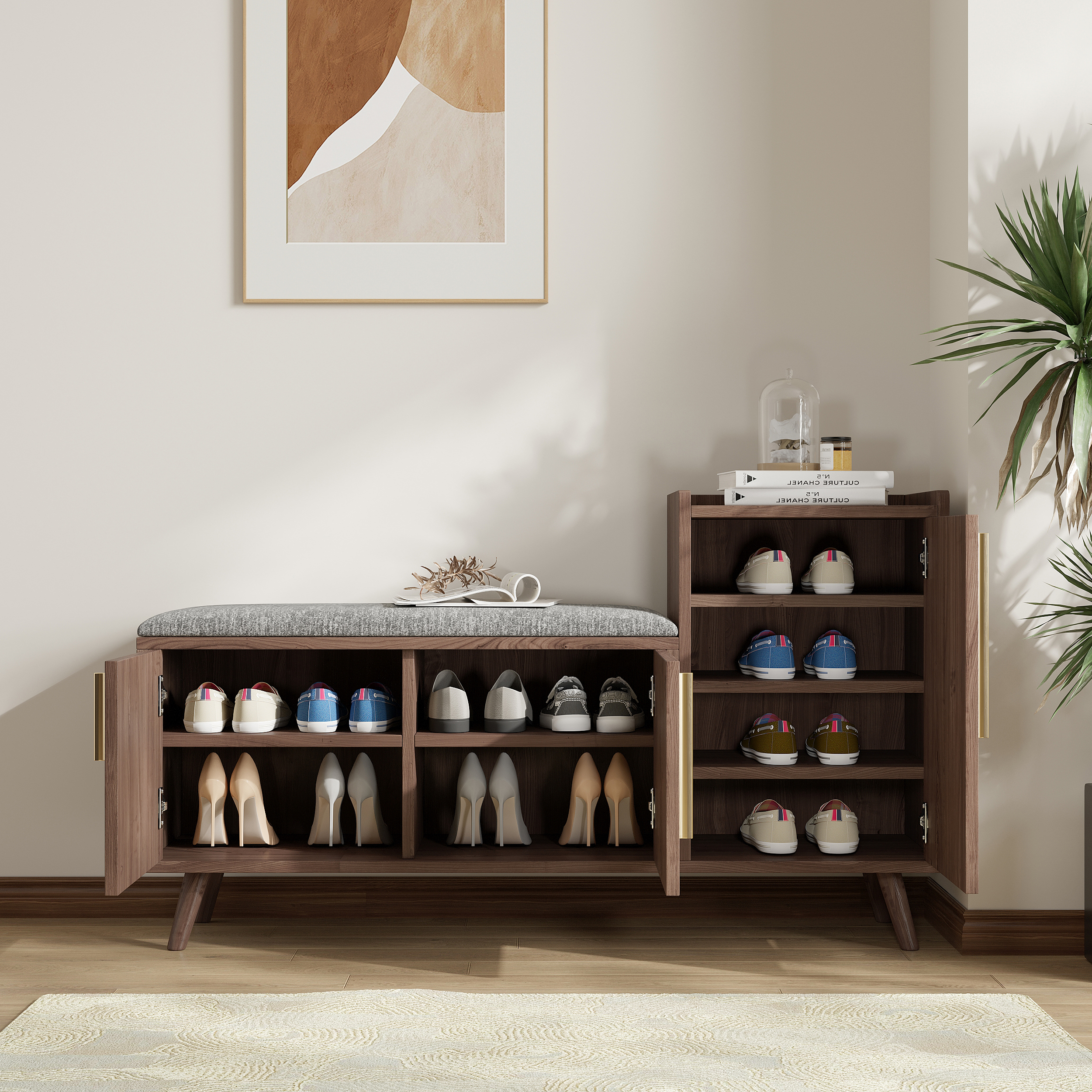 Shoe Storage Entryway Bench with Right-Side Cabinet Engineered Wood Shoe Rack in Black Walnut