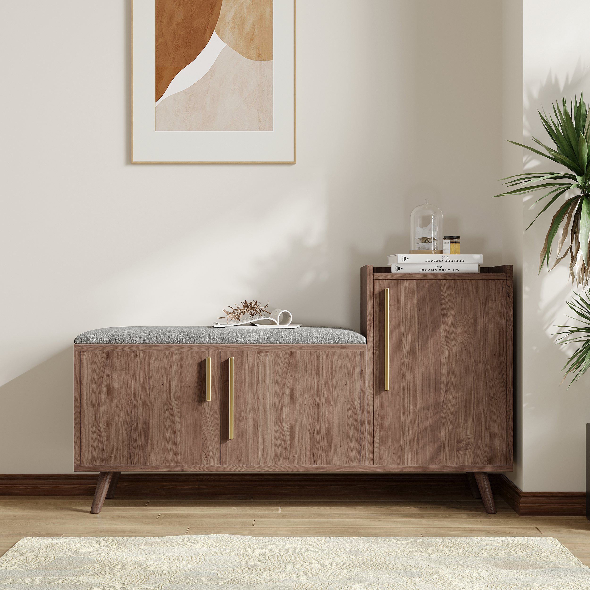 Shoe Storage Entryway Bench with Right-Side Cabinet Engineered Wood Shoe Rack in Black Walnut