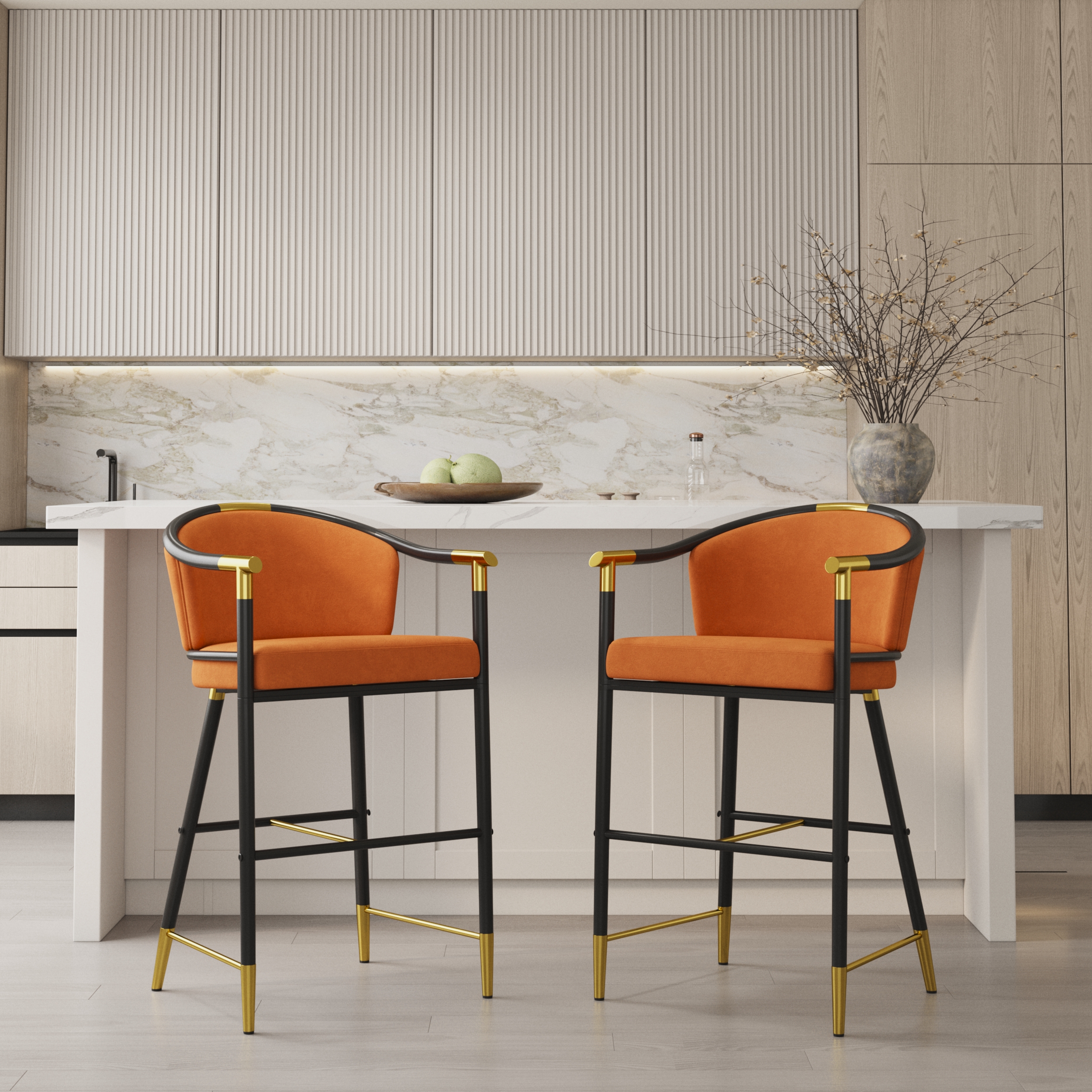 Modern Counter Stools with Velvet Upholstery Orange Bar Stools