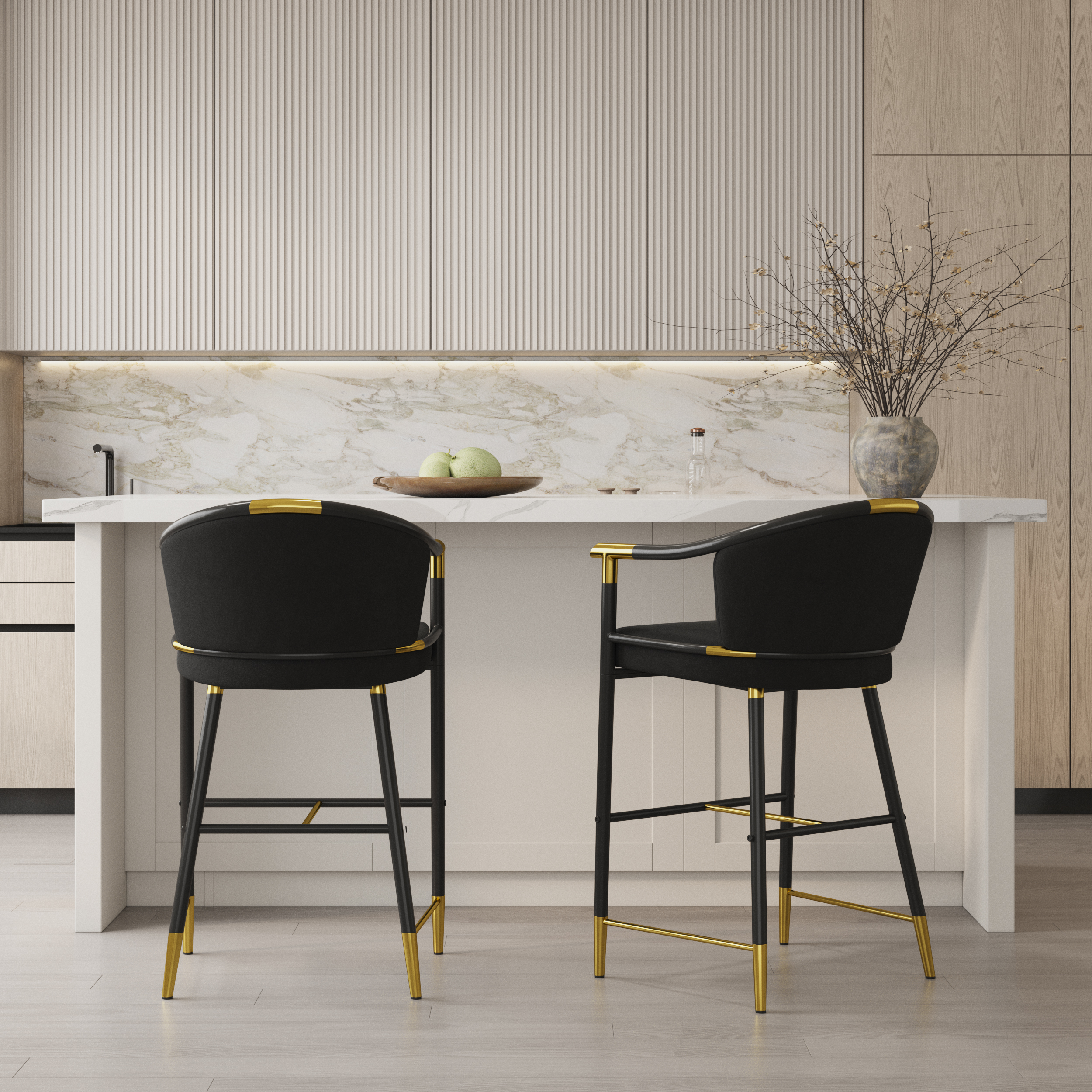 Modern Counter Stools with Velvet Upholstery Black Bar Stools