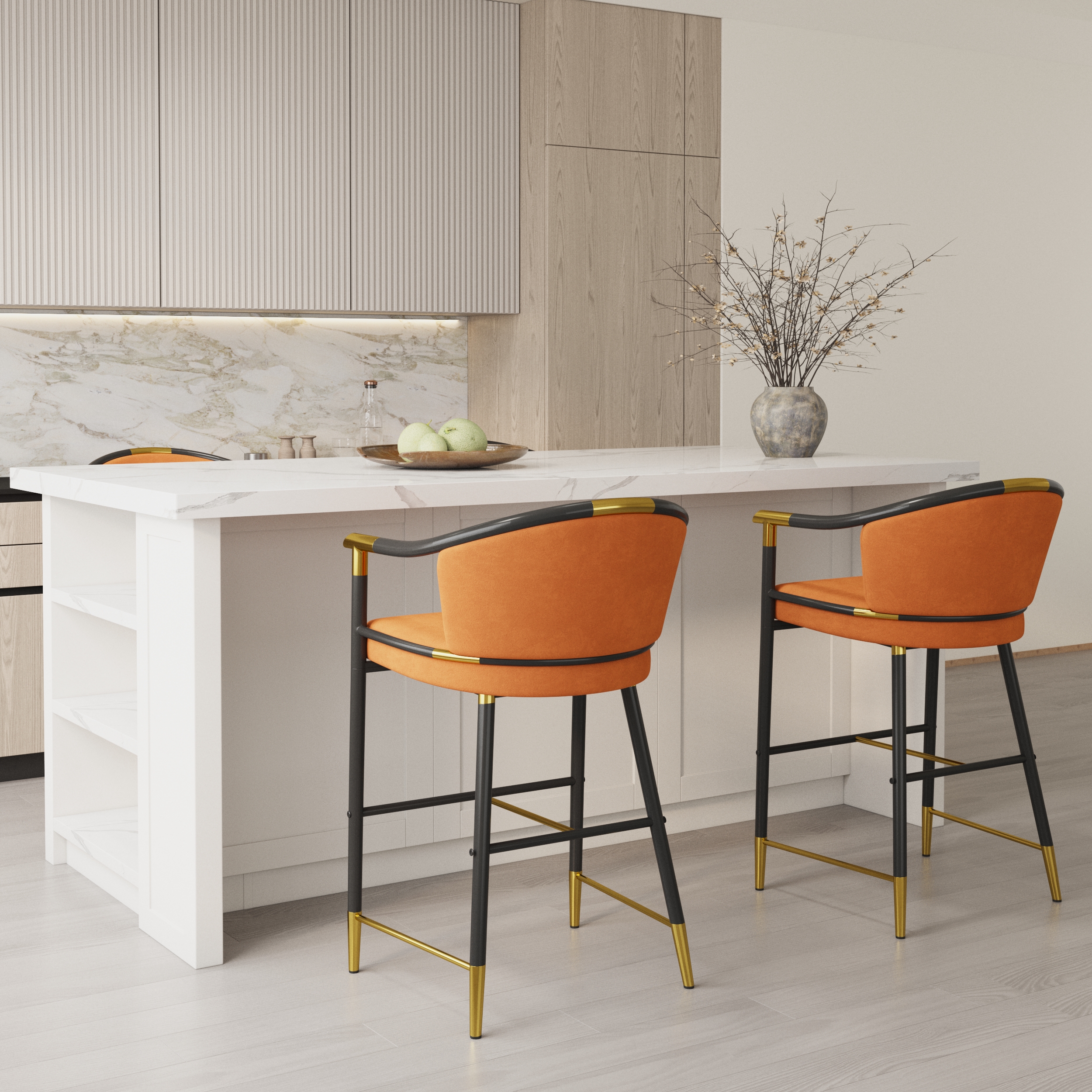 Modern Counter Stools with Velvet Upholstery Orange Bar Stools