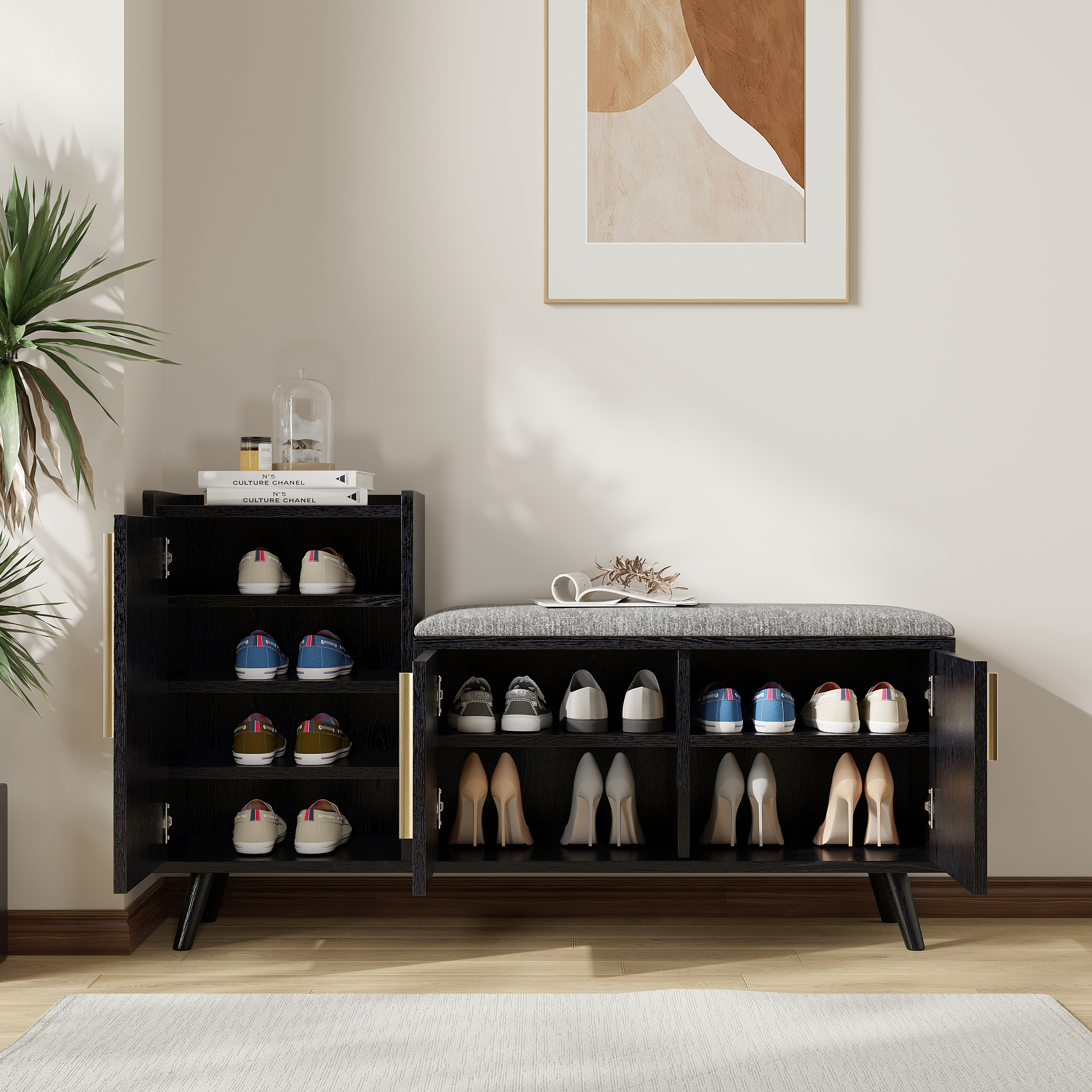Shoe Storage Entryway Bench Wooden with 3 Doors & 5 Shelves Shoe Rack in Black (47" Wide)