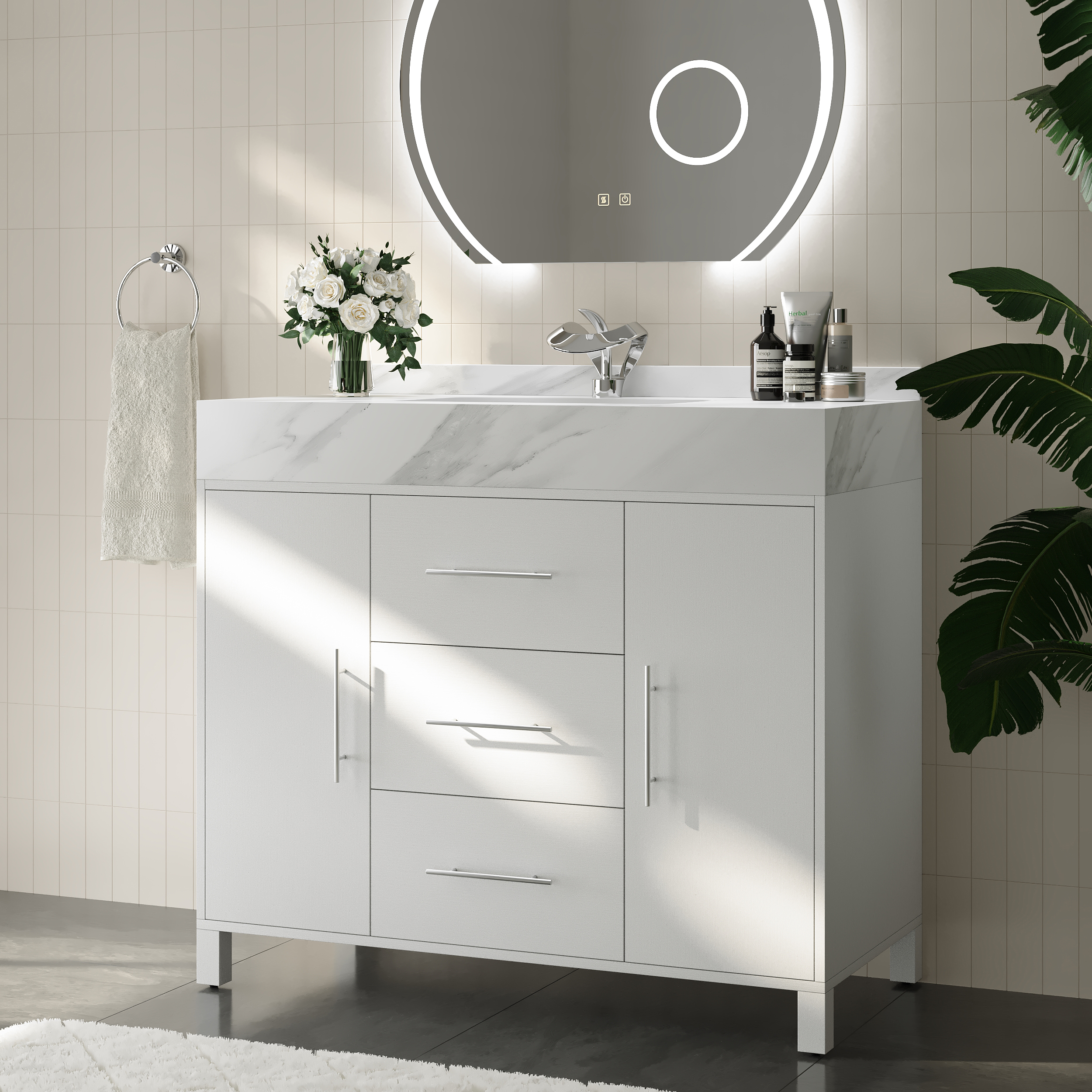 100 cm Freestanding White Bathroom Vanity, Sintered Stone Countertop & Silver Handles