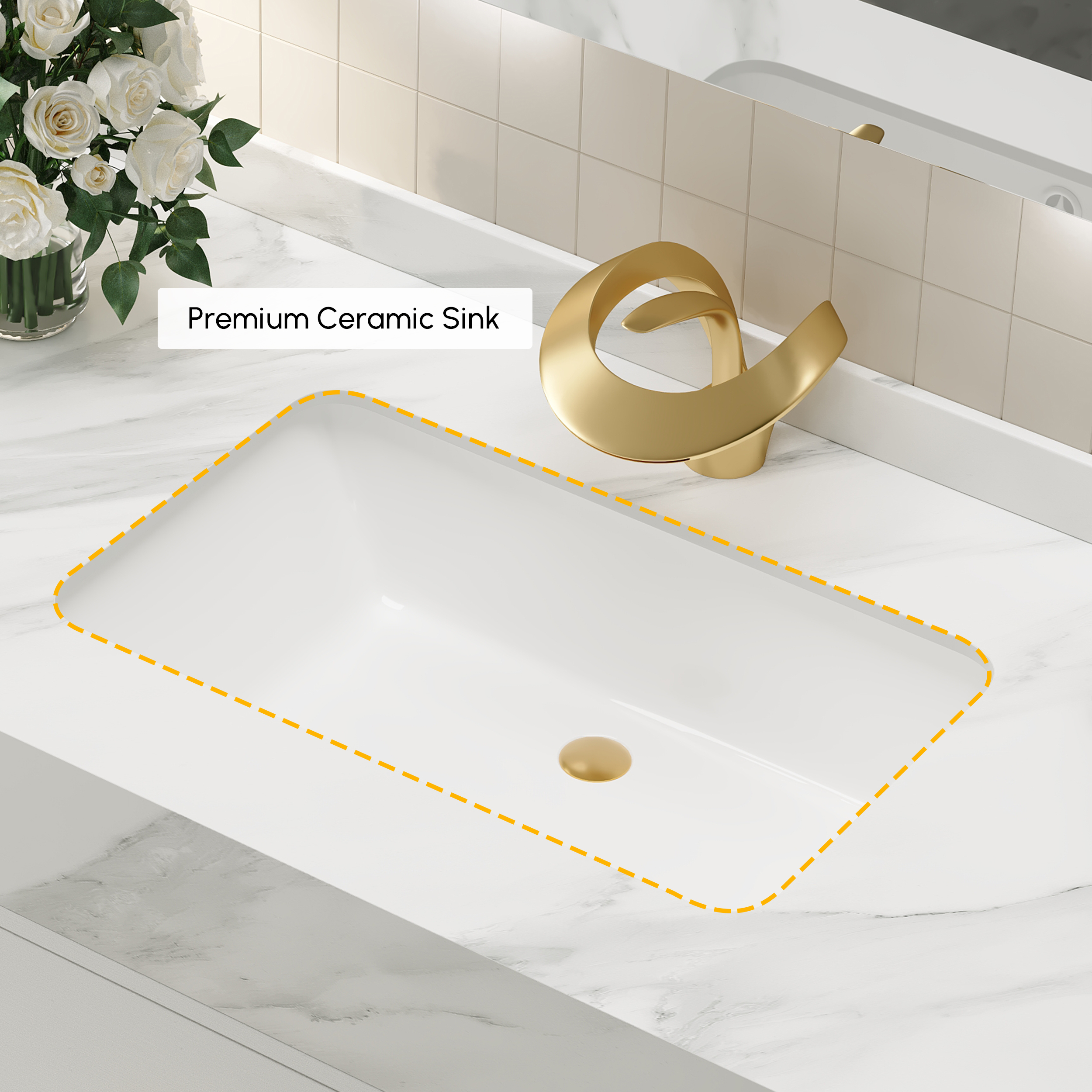 Vanité de salle de bain autoportante blanche de 1000 mm, comptoir en pierre frittée et poignées dorées image de vente