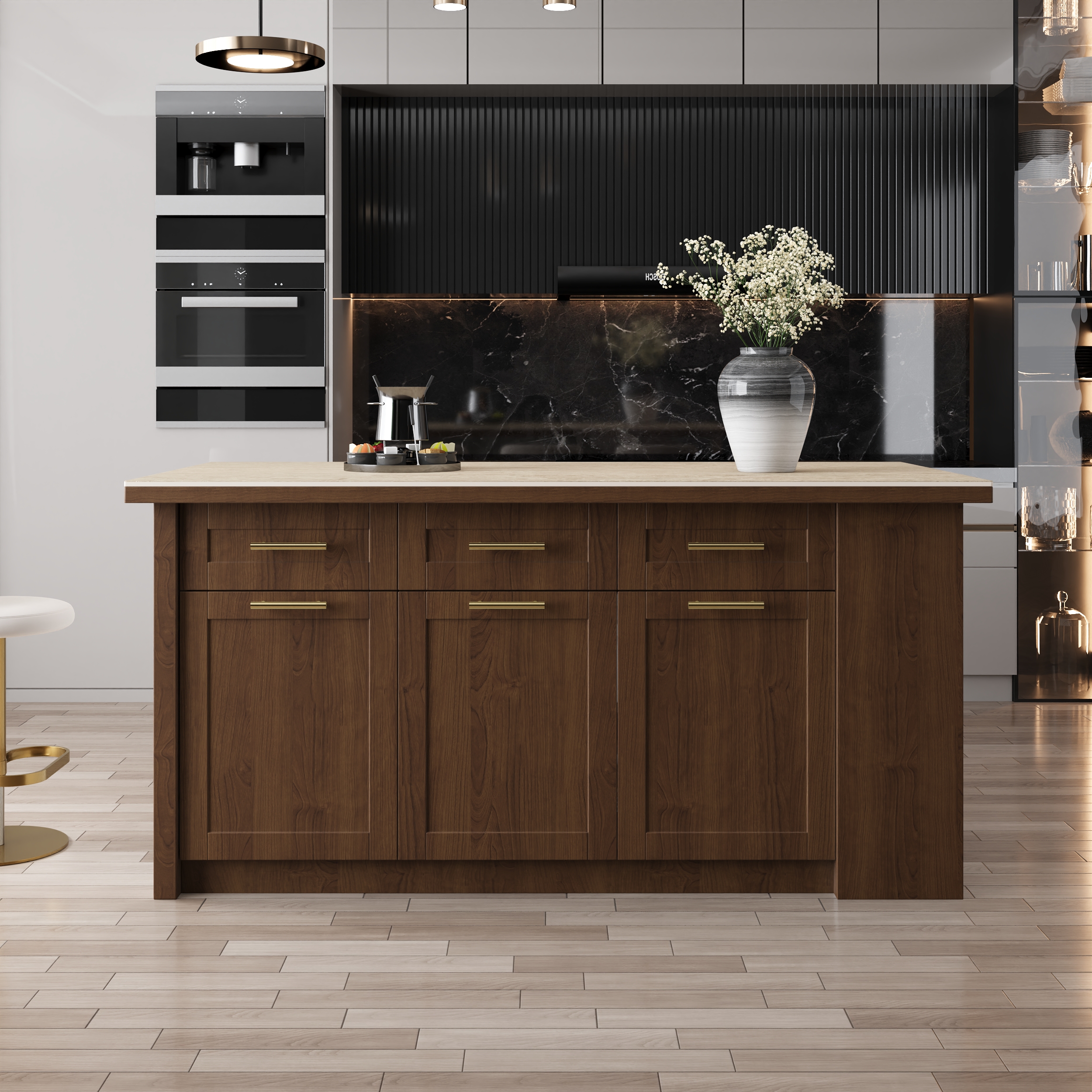 70.9" Kitchen Islands Sintered Stone Walnut Modern with Storage Kitchen Cabinet