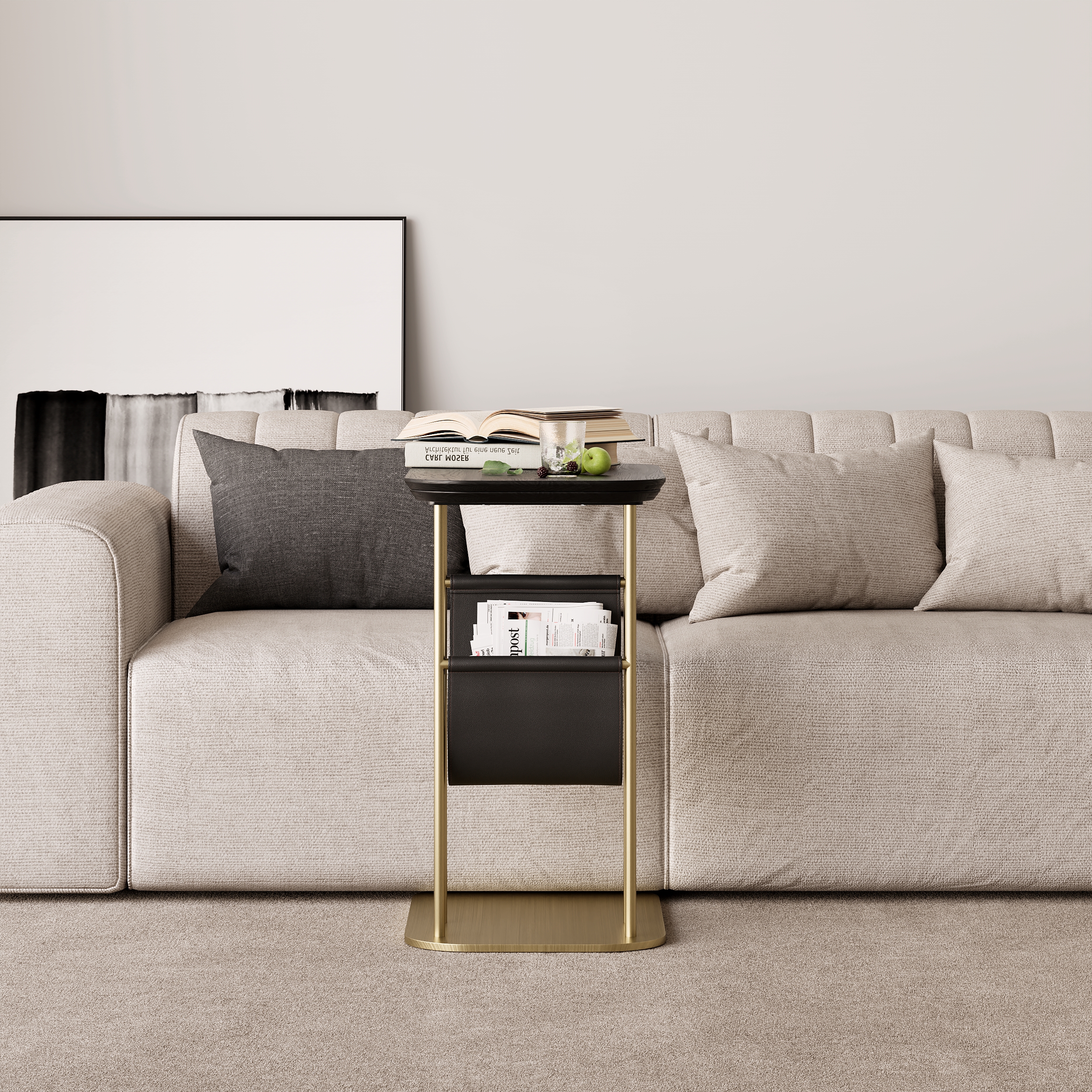 Modern Small C Shaped Rotating Side Table Black Wood Bedside Table with Storage End Tables