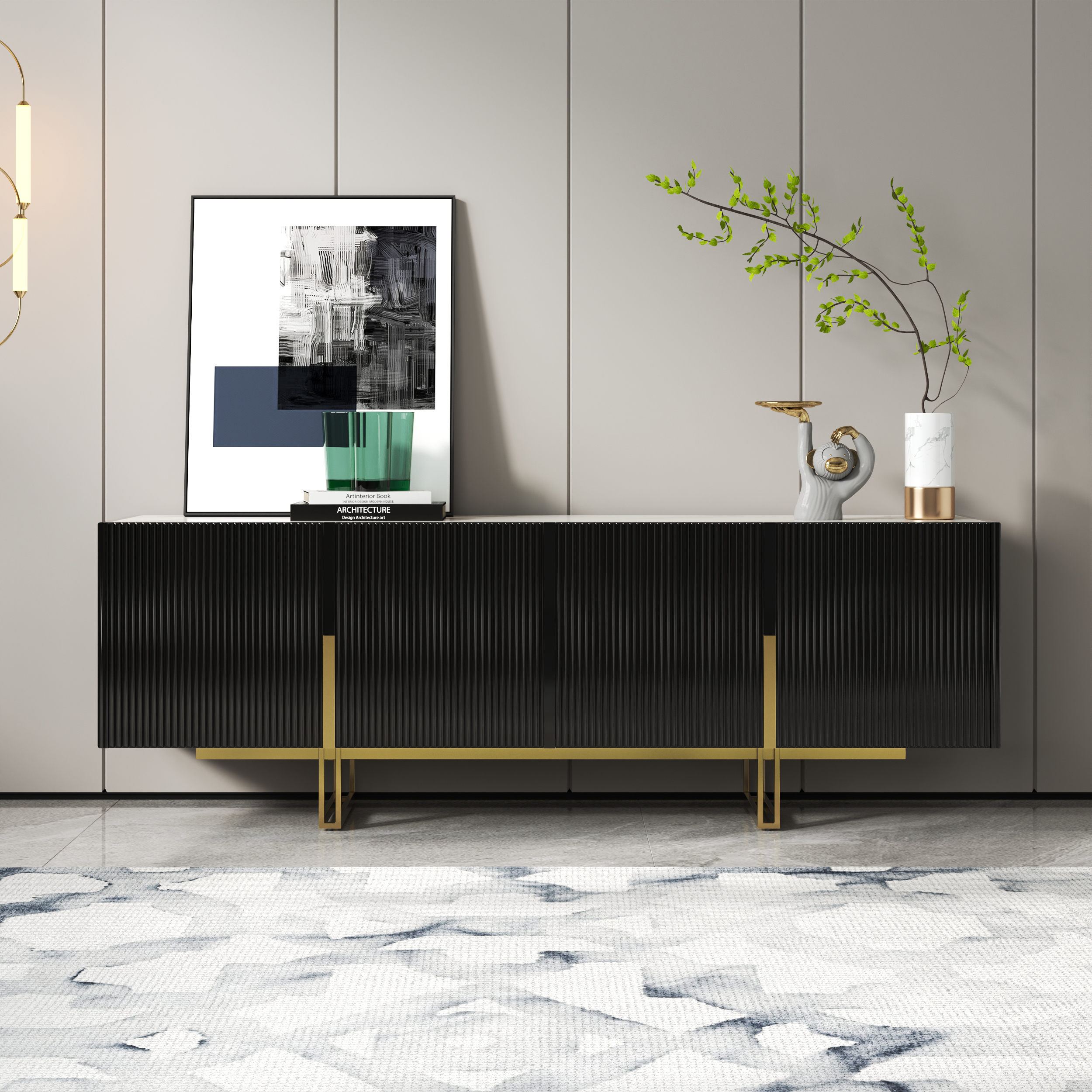 Grovyn Minimalist 59.1" Black Small TV Stand Stone Top Media Console Doors & Shelves