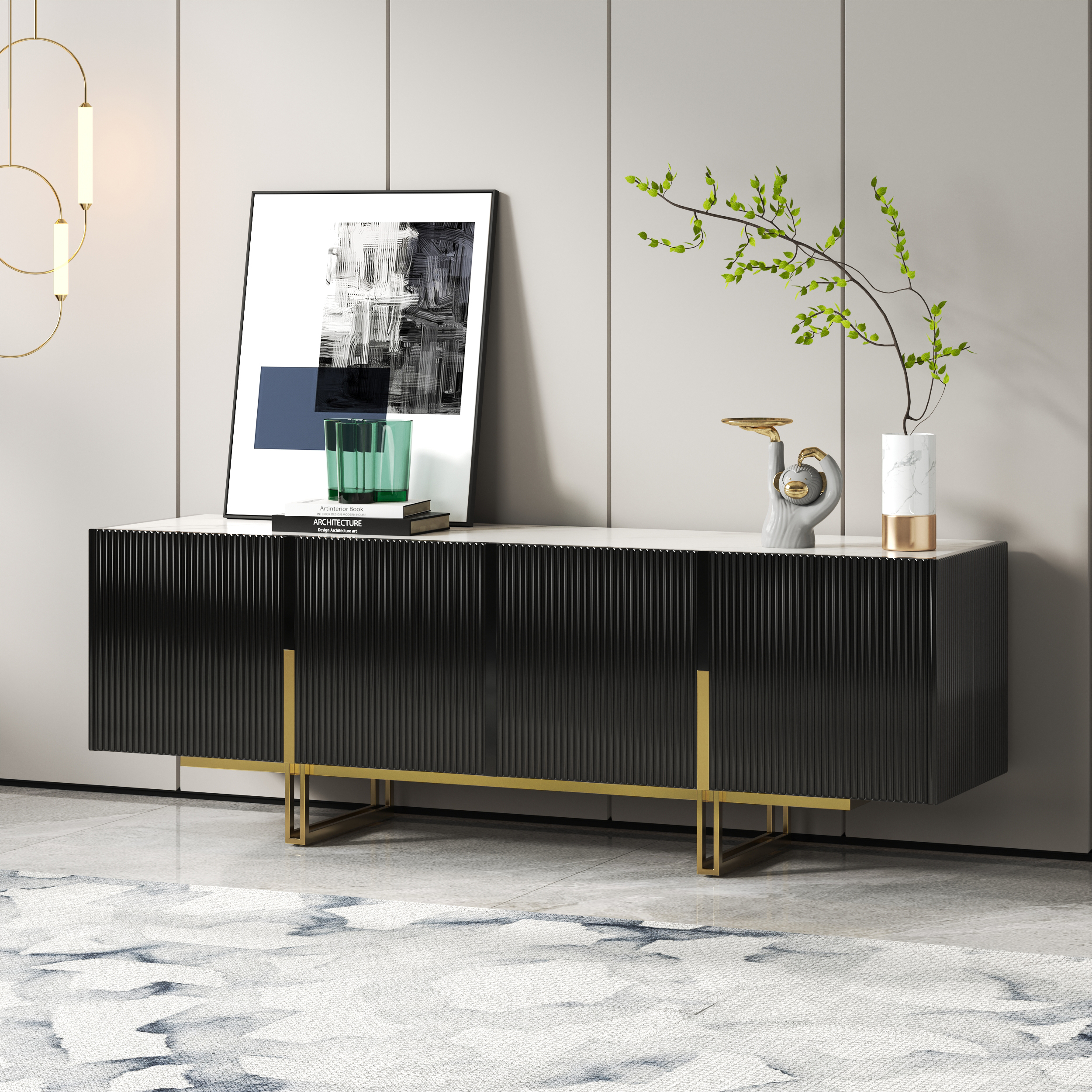 Grovyn Minimalist 59.1" Black Small TV Stand Stone Top Media Console Doors & Shelves