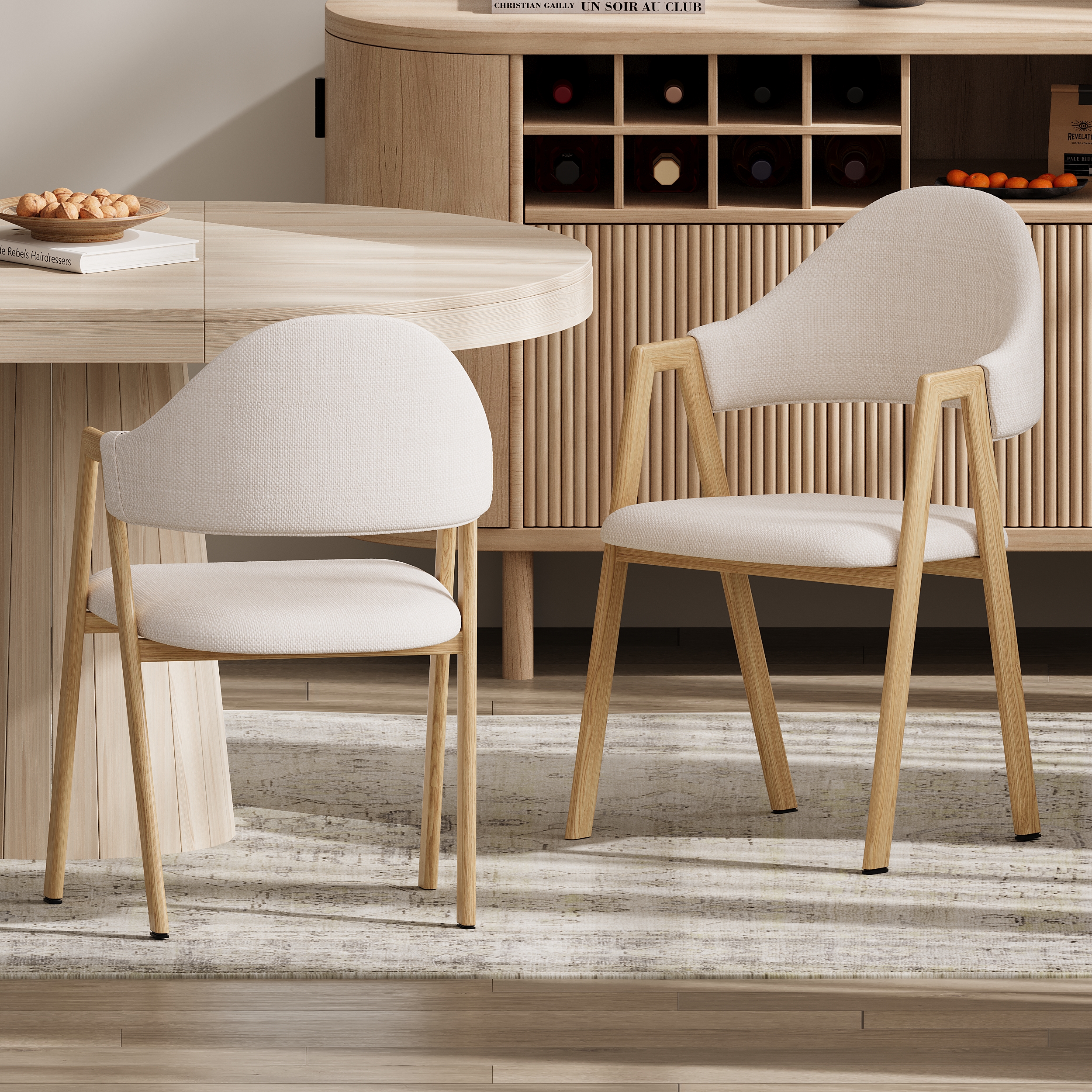 Set of 2 Linen Dining Chair Upholstered Curved Back Modern Dining Room Chairs