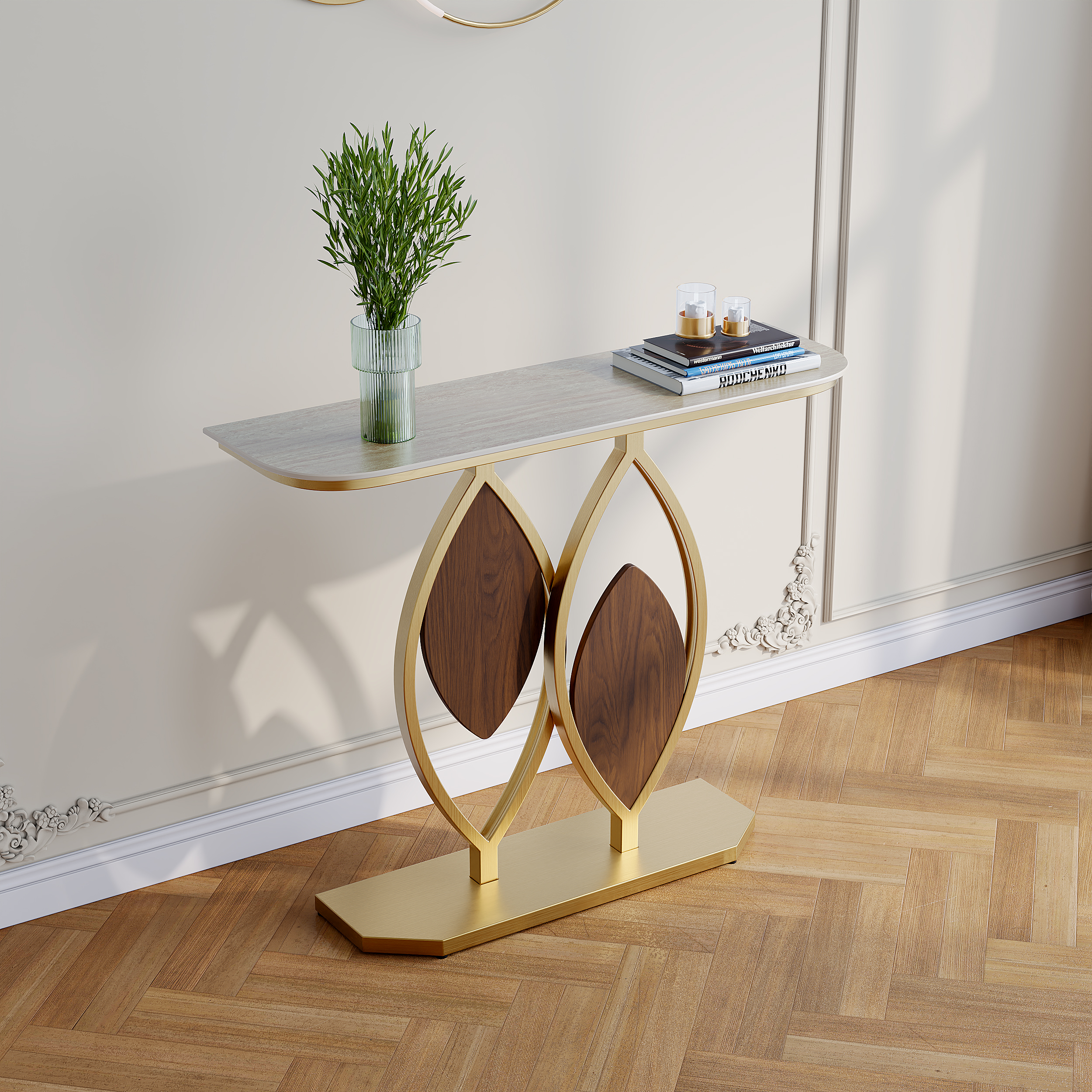 39.4" Console Table Wooden Accent Table For Entryway with Matte Travertine Top & Abstract Base