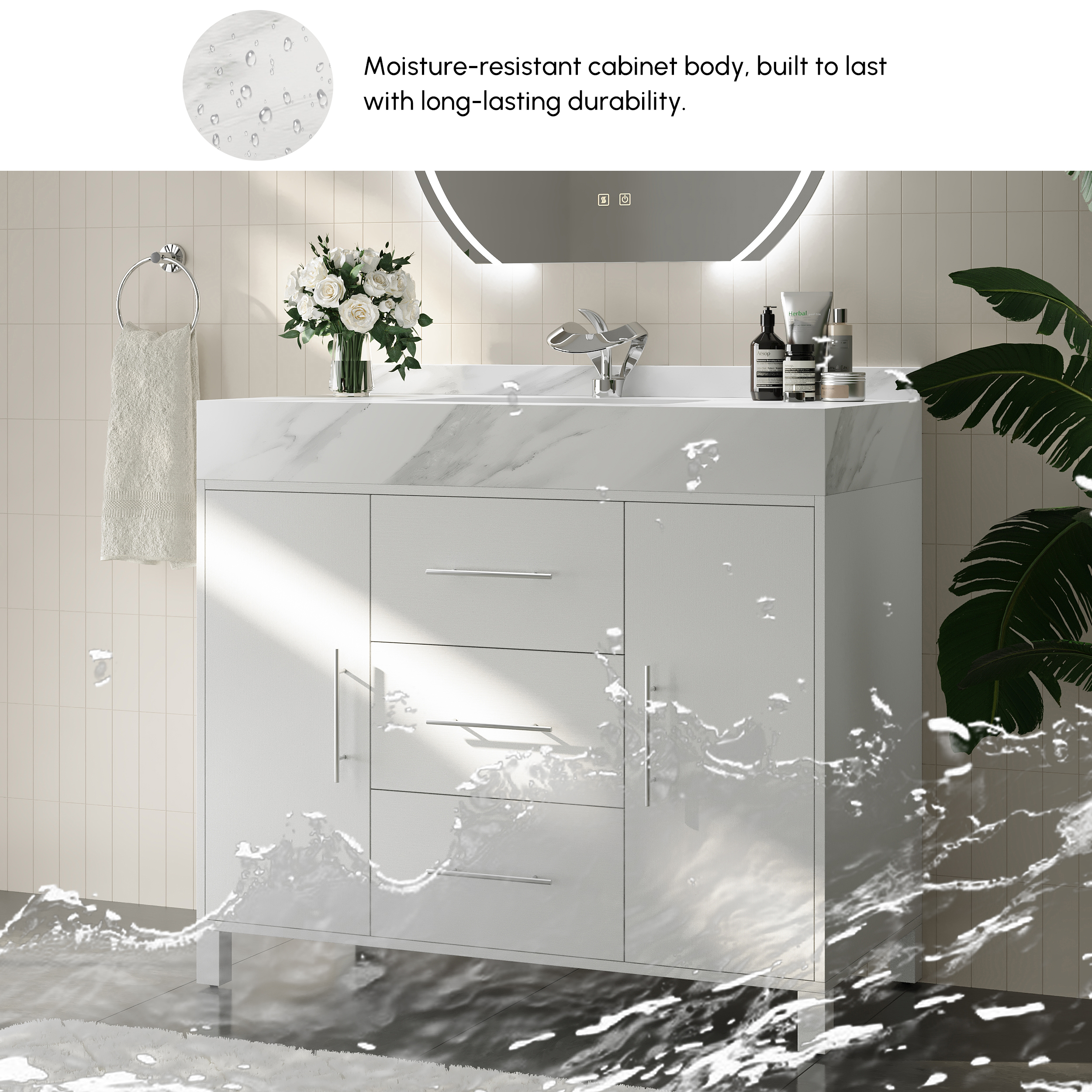Vanité de salle de bain autoportante blanche de 1000 mm, comptoir en pierre frittée et poignées argentées image de vente