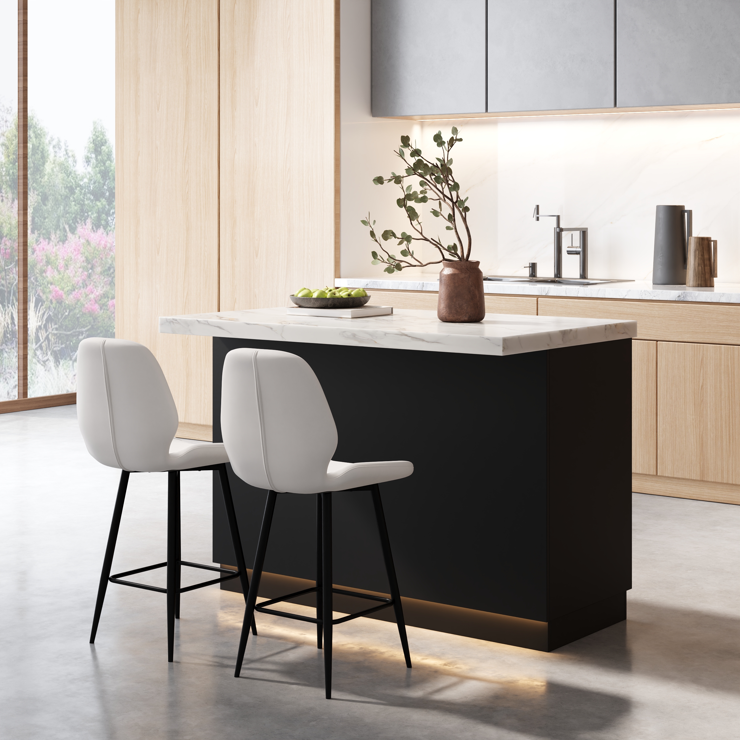 50" Kitchen lsland Wood with Storage & LED Light Black & White Japandi Style Kitchen