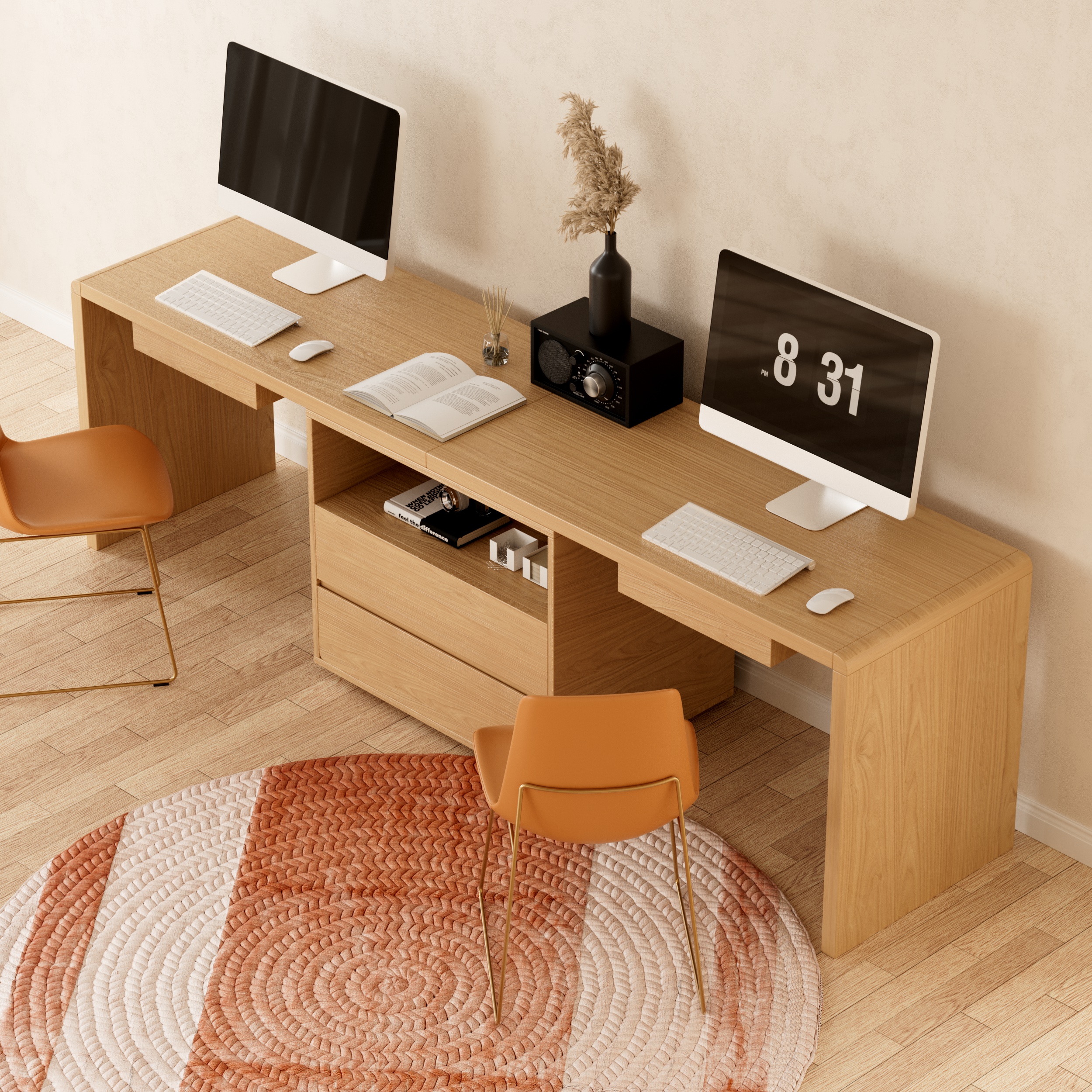 2-Person Double Computer Desk Modern Natural Rectangular Office Desk with 4 Drawers & 1 Cabinet