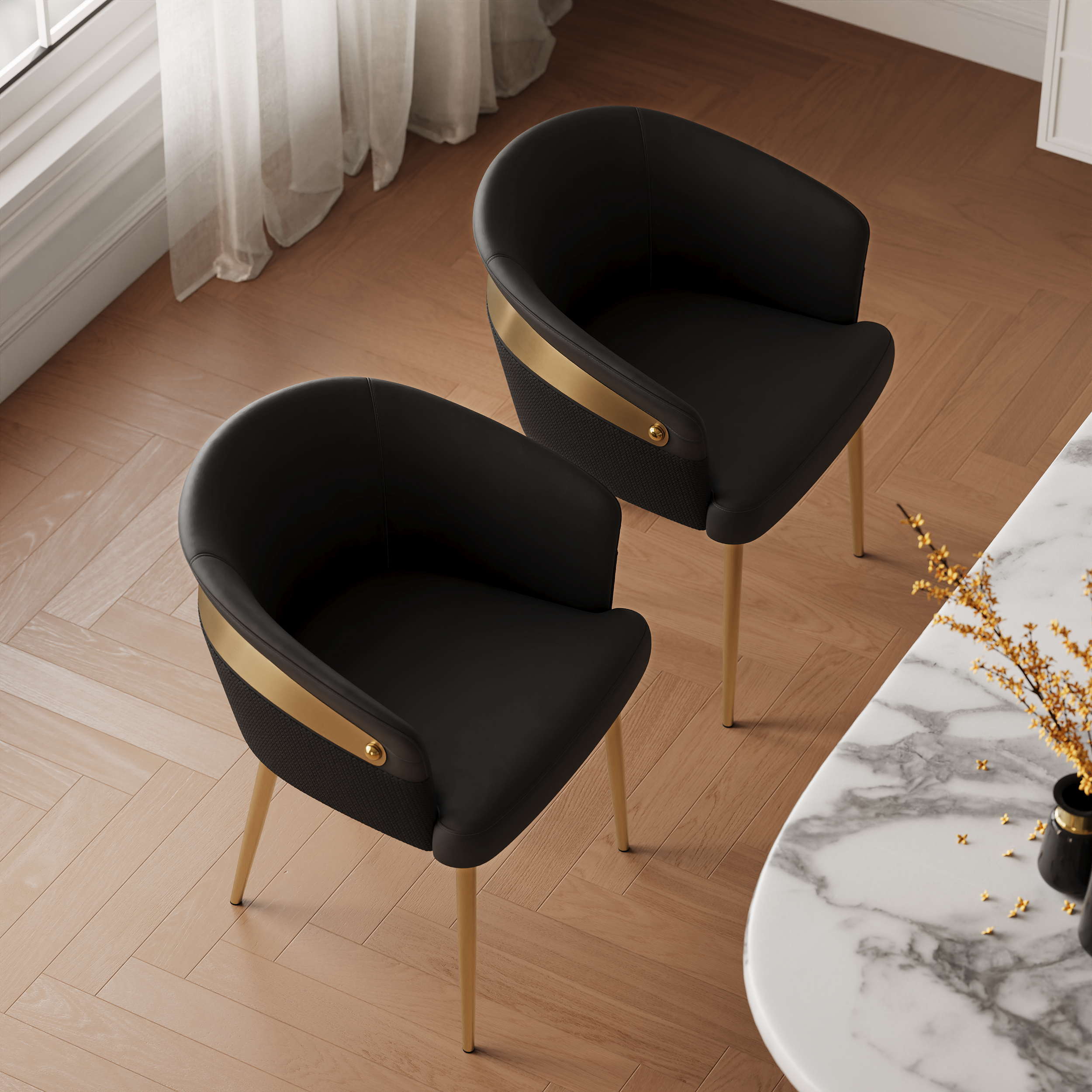 Set of 2 Modern Black PU Leather Dining Chair Curved Back with Gold Legs