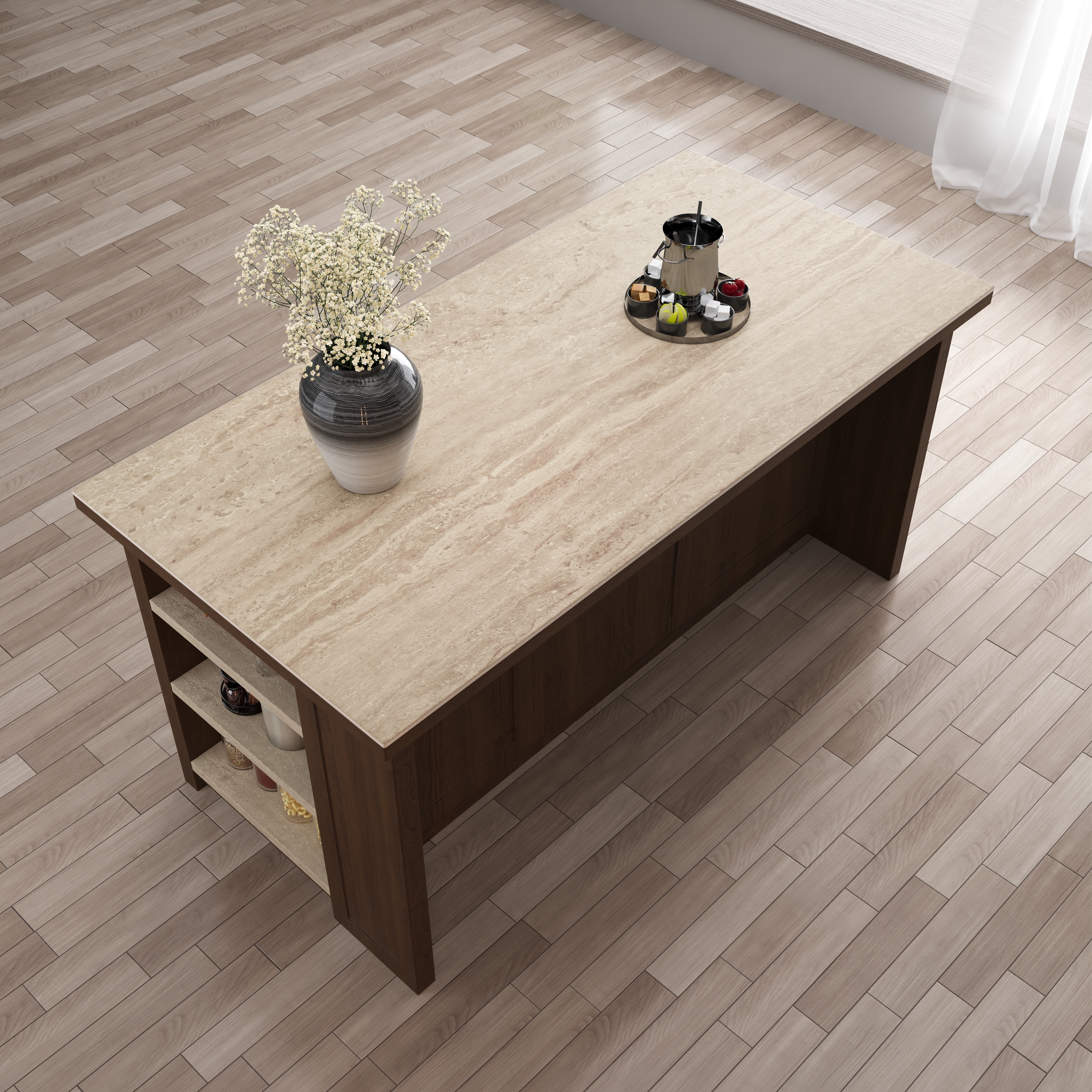 70.9" Kitchen Islands Sintered Stone Walnut Modern with Storage Kitchen Cabinet