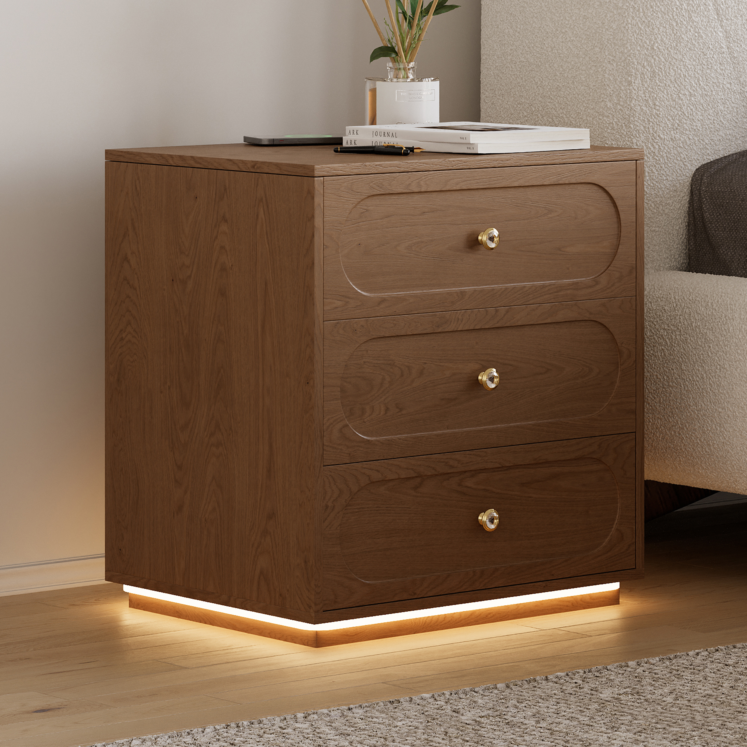 Modern Smart Nightstand with Light 2 Drawer Bedside Table with Charging Station Set of 2