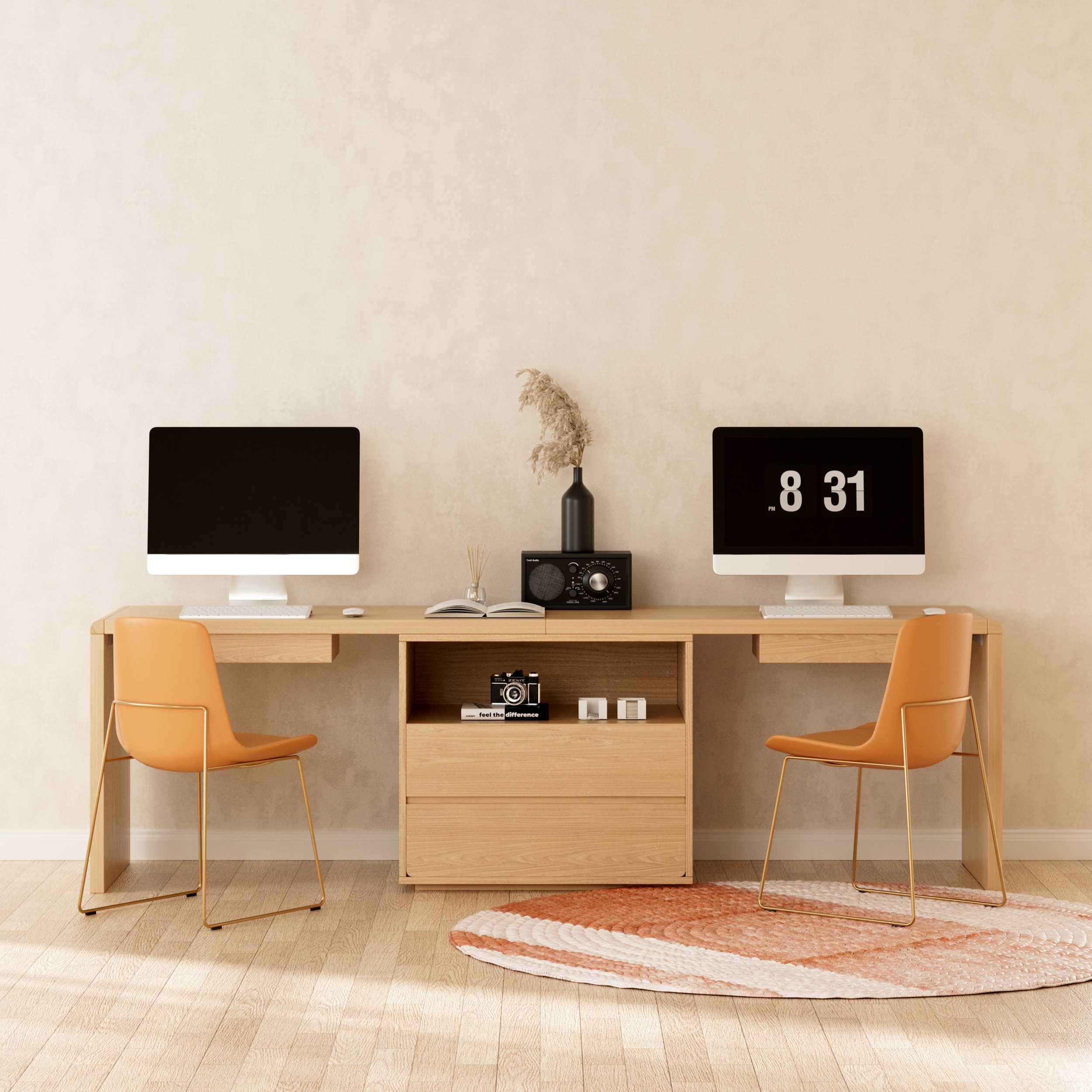 2-Person Double Computer Desk Modern Natural Rectangular Office Desk with 4 Drawers & 1 Cabinet