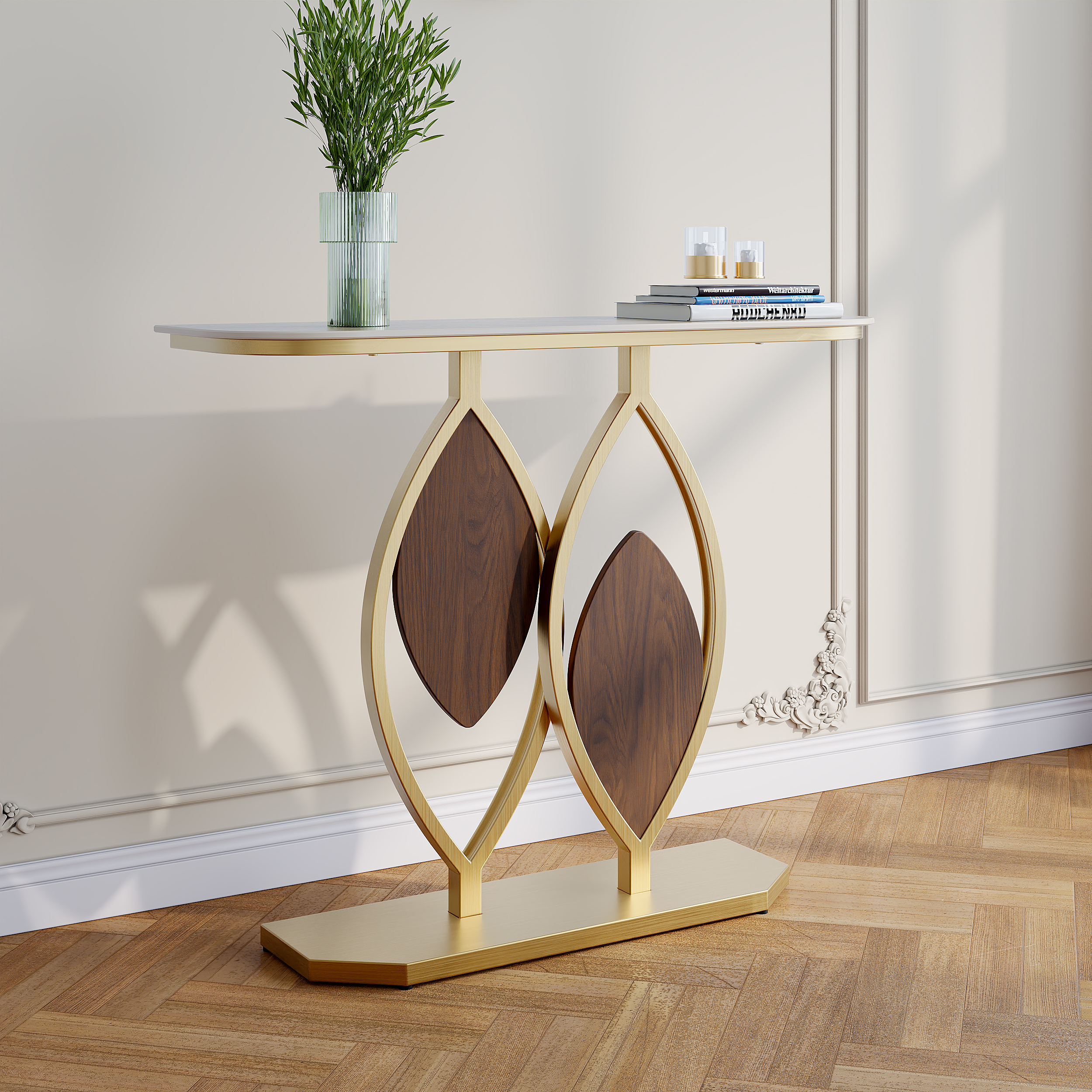 39.4" Console Table Wooden Accent Table For Entryway with Matte Travertine Top & Abstract Base