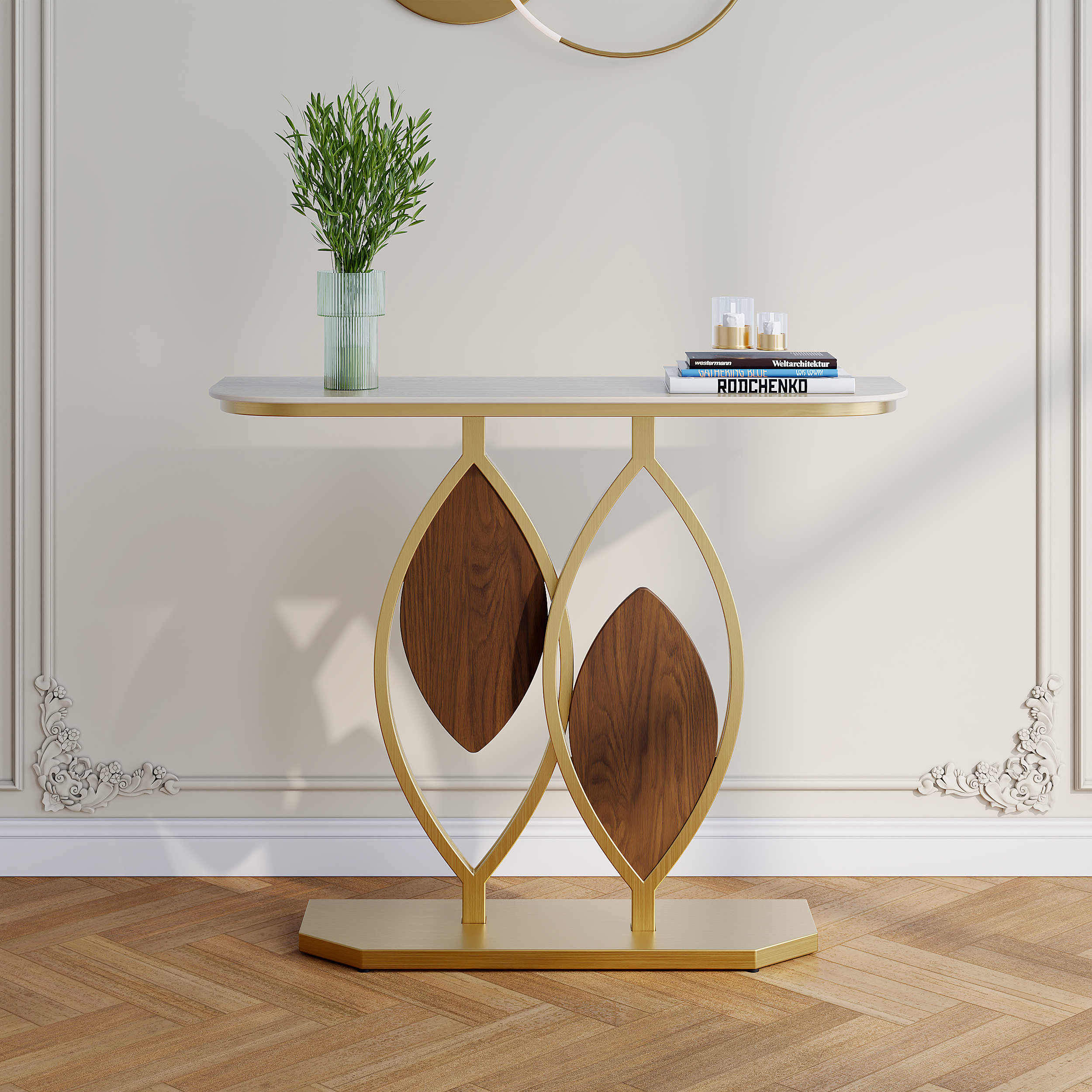 39.4" Console Table Wooden Accent Table For Entryway with Matte Travertine Top & Abstract Base