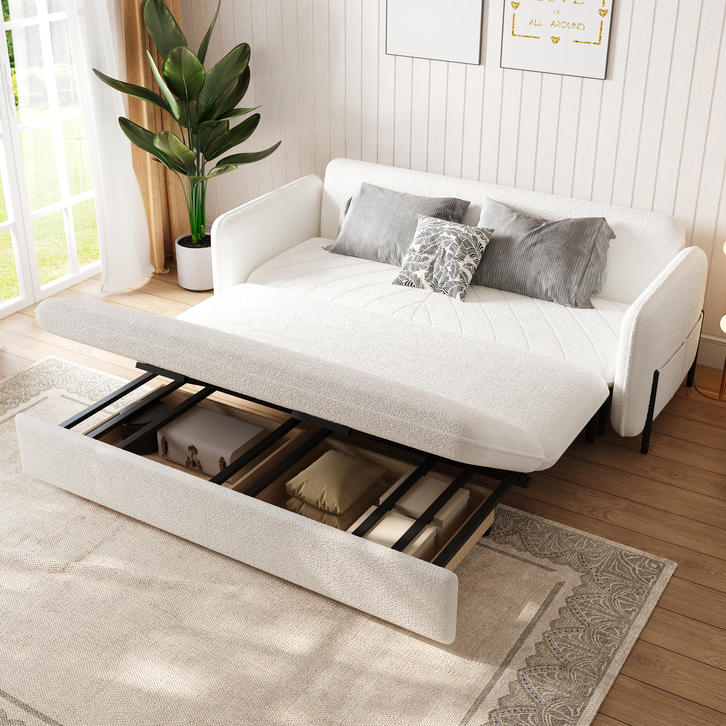 200 cm Full Sleeper Sofa White Boucle Upholstered Convertible Sofa
