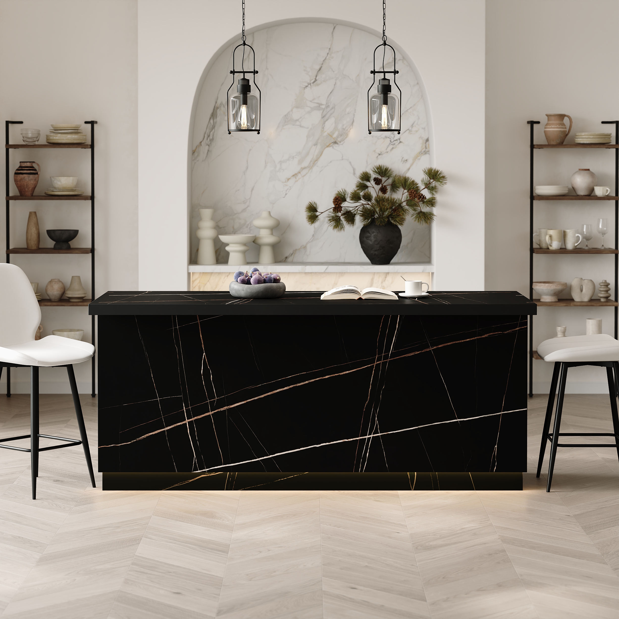 72" Kitchen lsland Wood Storage Kitchen Cabinet with Light Japandi Black