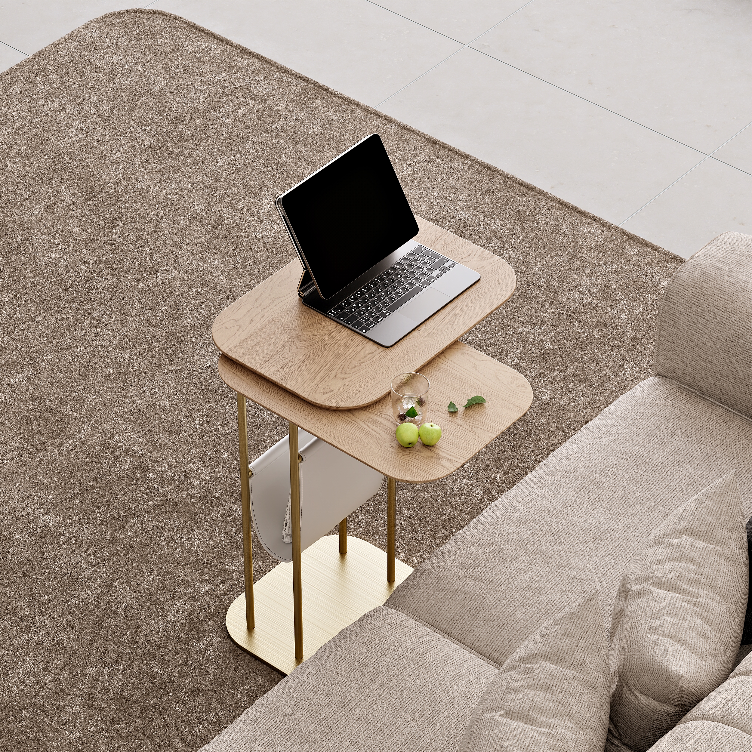 Modern Small C Shaped Rotating Side Table Natural Wood Bedside Table with Storage End