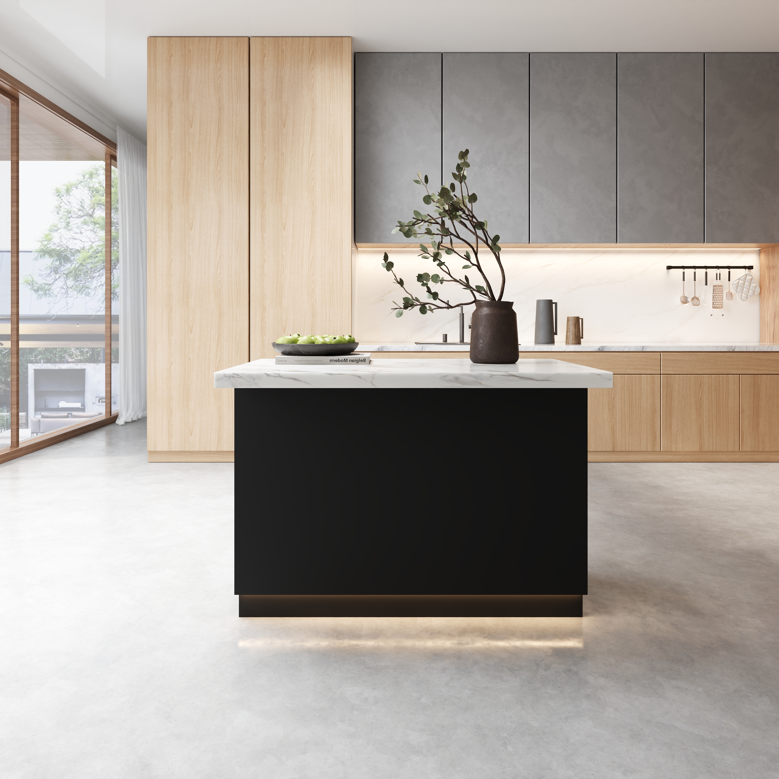 50" Kitchen lsland Wood with Storage & LED Light Black & White Japandi Style Kitchen