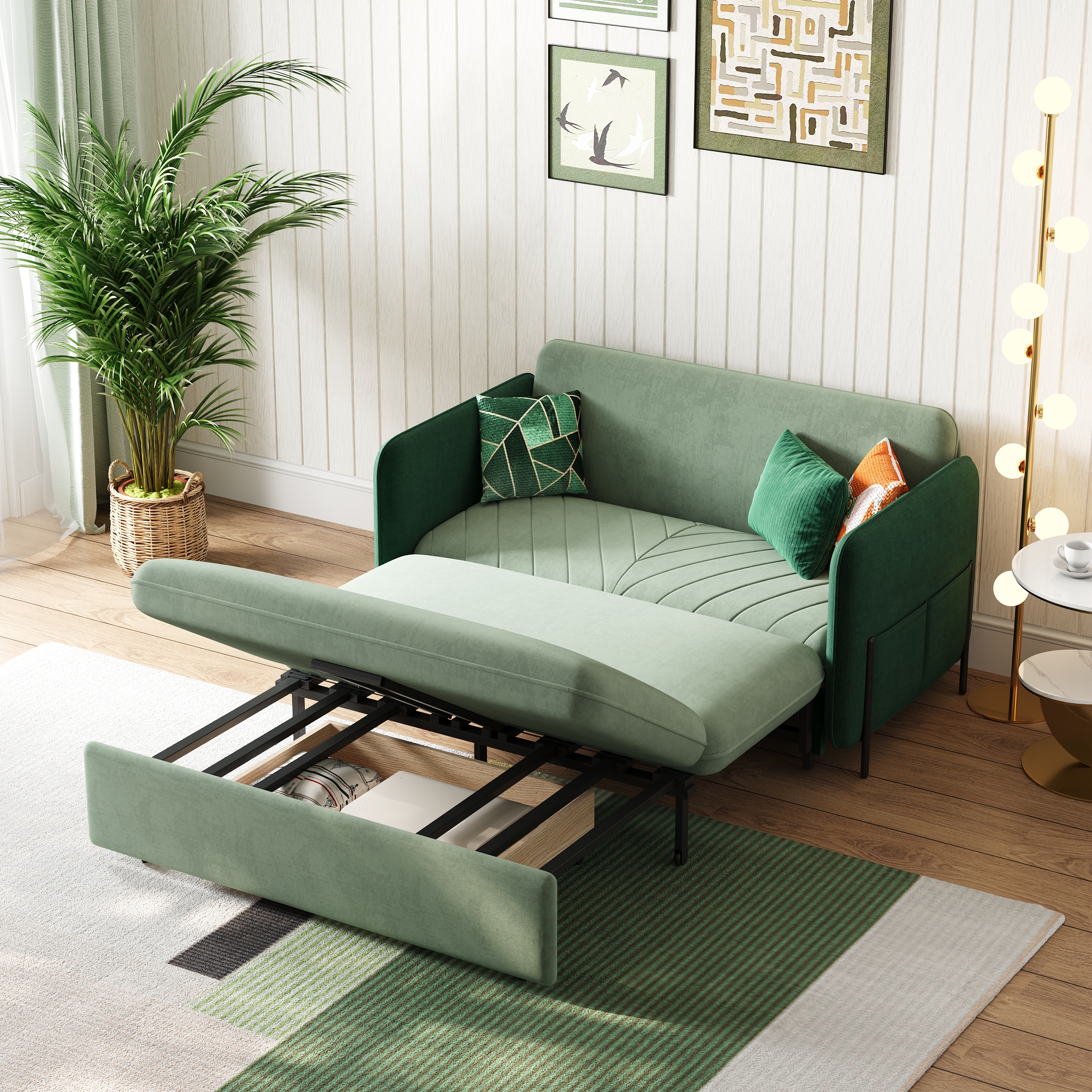 135 cm Full Sleeper Sofa Green Upholstered Convertible Sofa Bed