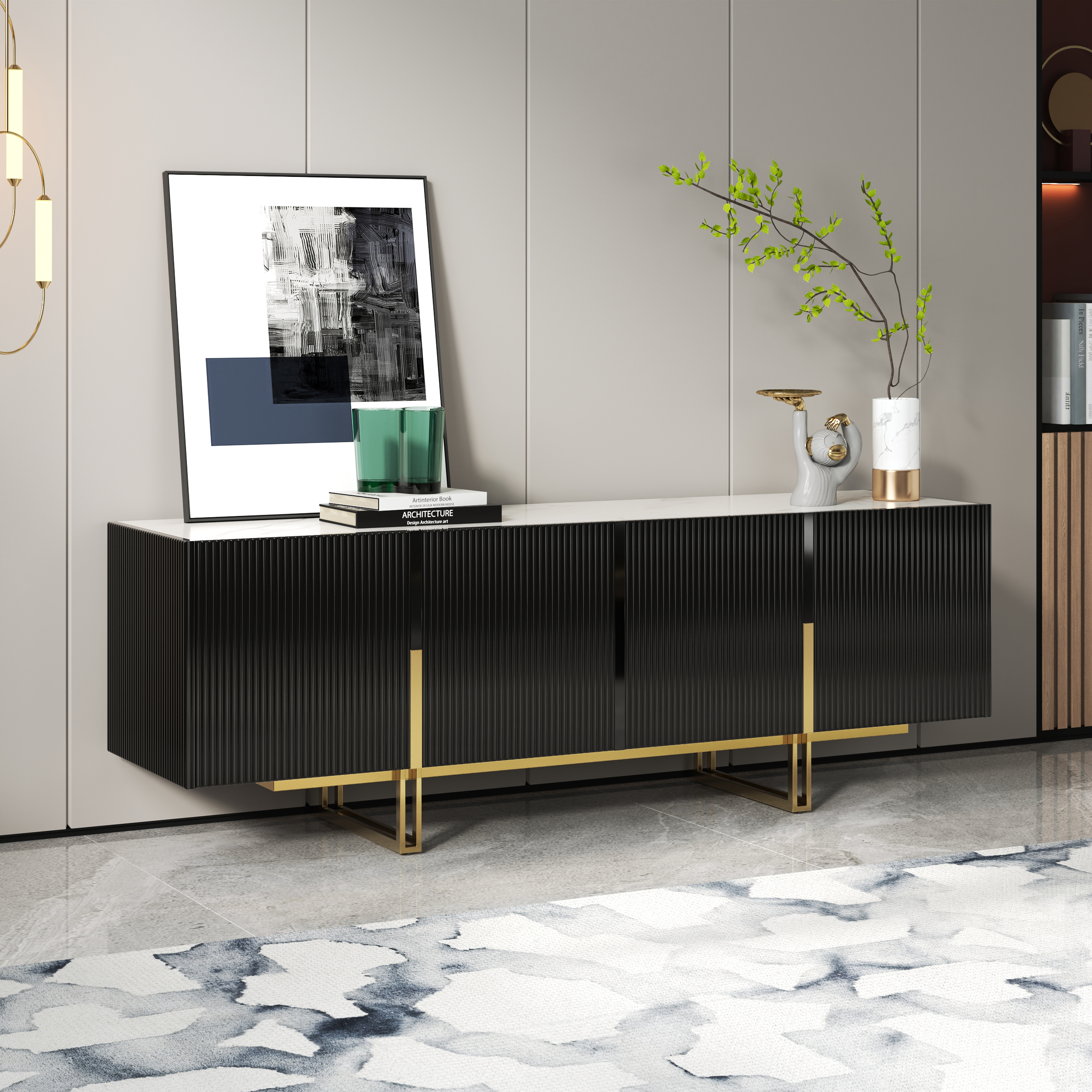 Grovyn Minimalist 59.1" Black Small TV Stand Stone Top Media Console Doors & Shelves
