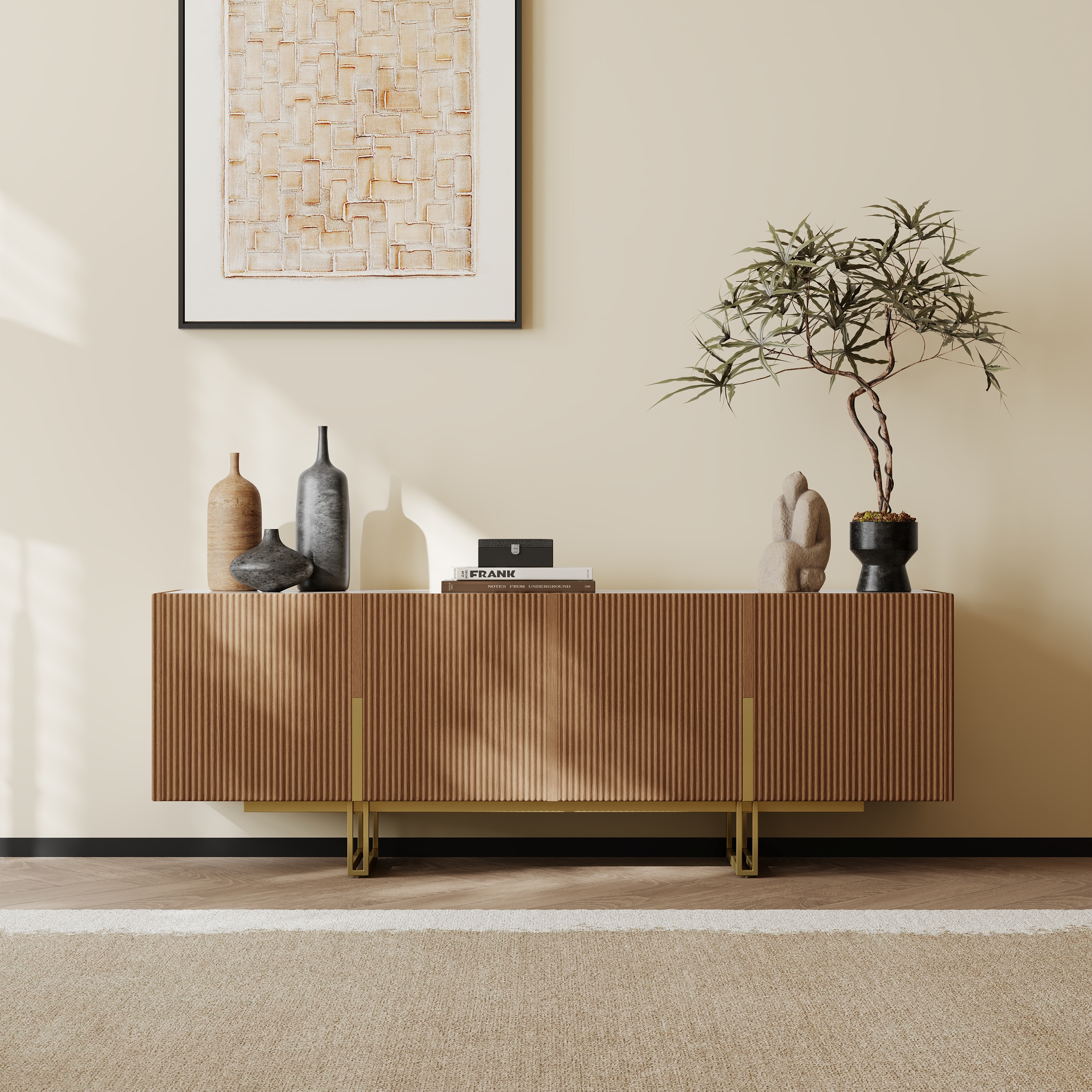 Grovyn Minimalist 59.1" Walnut Small TV Stand Stone Top Media Console Doors & Shelves