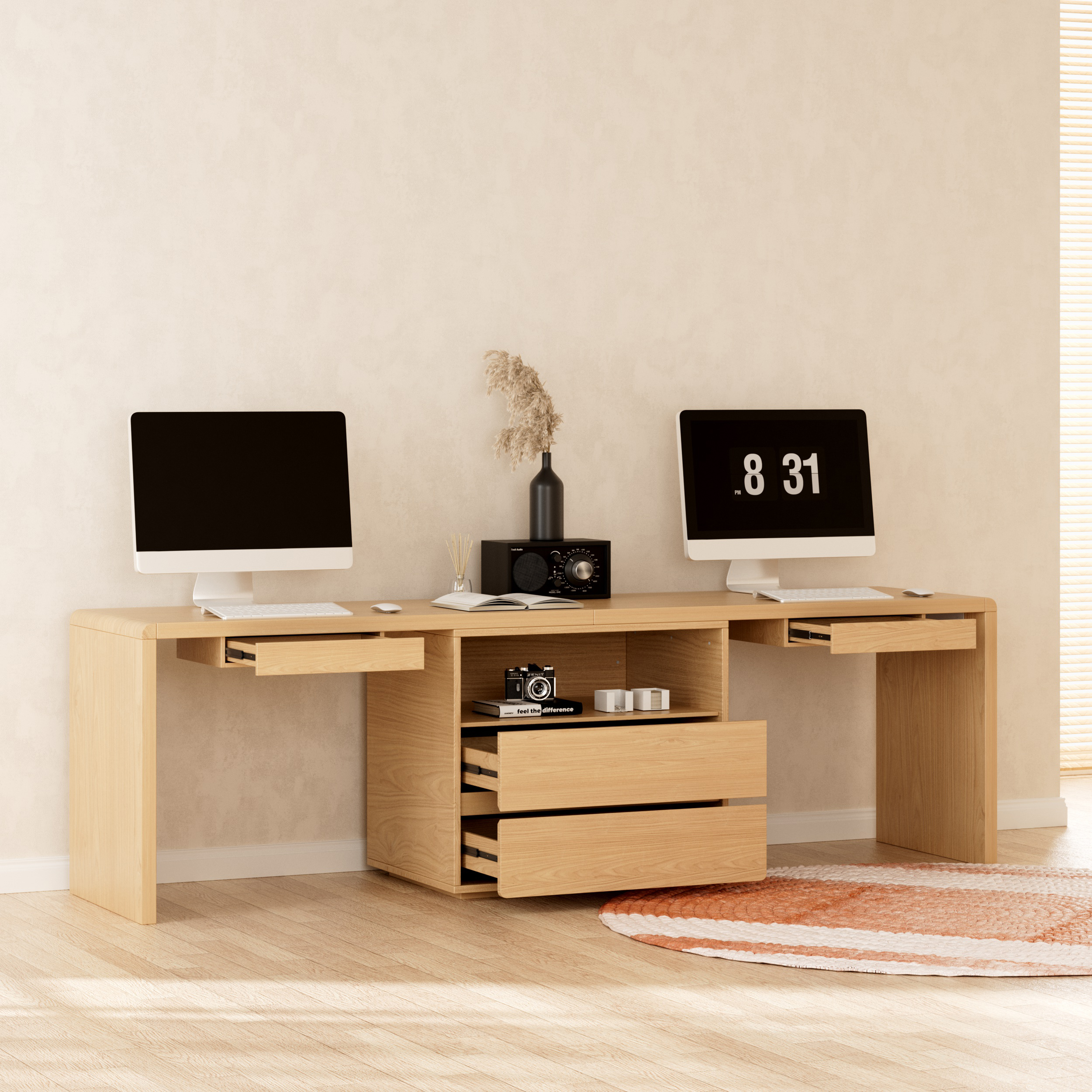 2-Person Double Computer Desk Modern Natural Rectangular Office Desk with 4 Drawers & 1 Cabinet