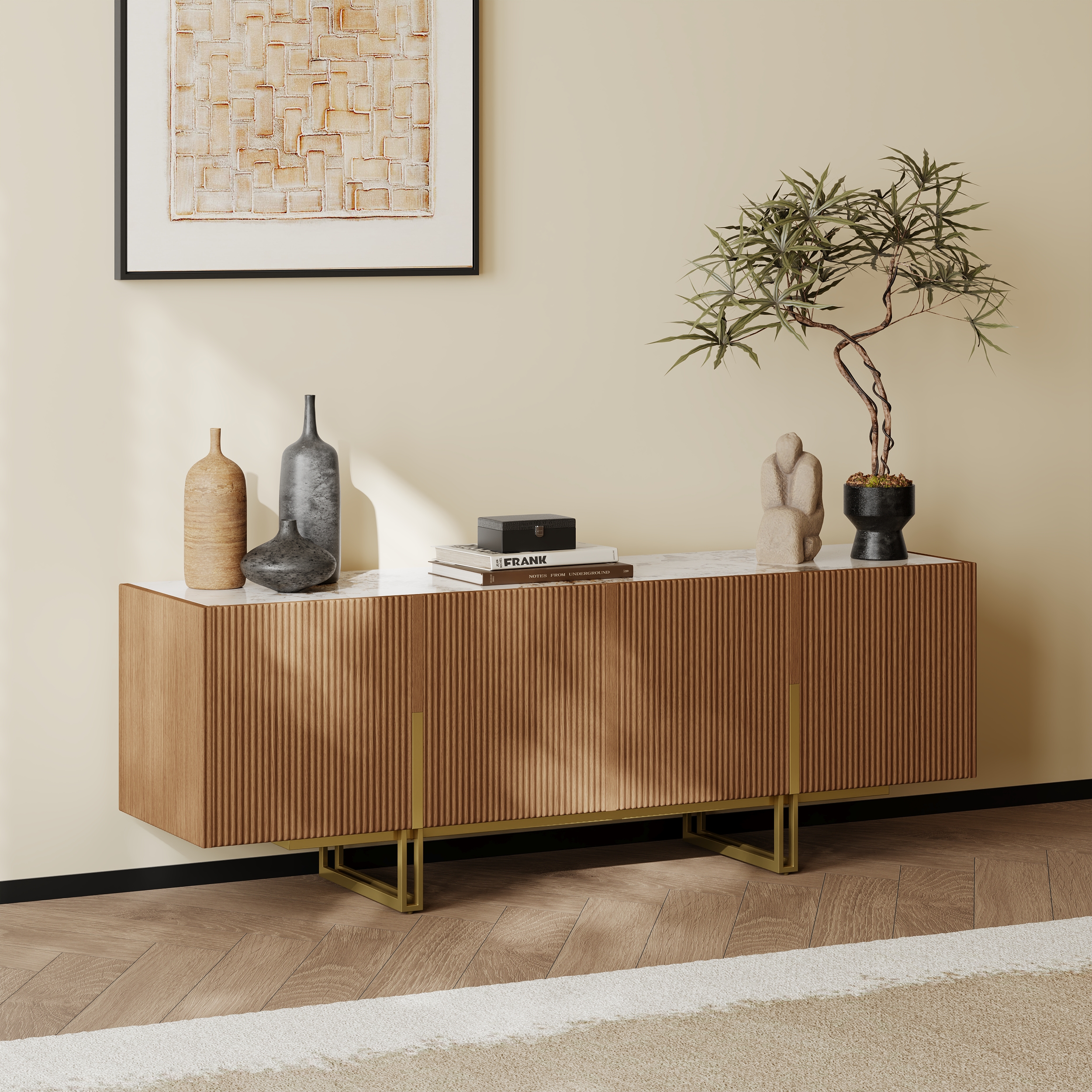 Grovyn Minimalist 59.1" Walnut Small TV Stand Stone Top Media Console Doors & Shelves