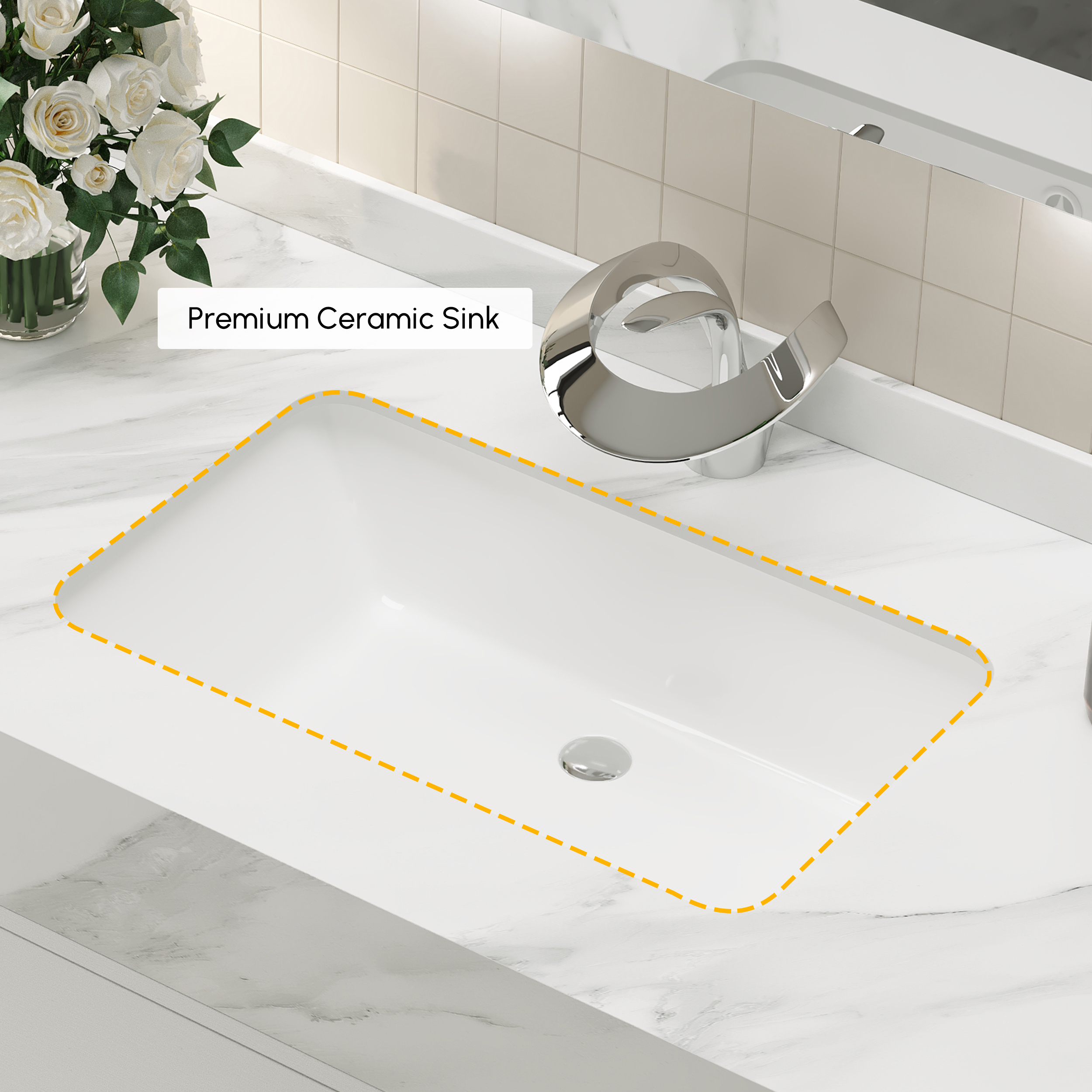 Vanité de salle de bain autoportante blanche de 1000 mm, comptoir en pierre frittée et poignées argentées image de vente
