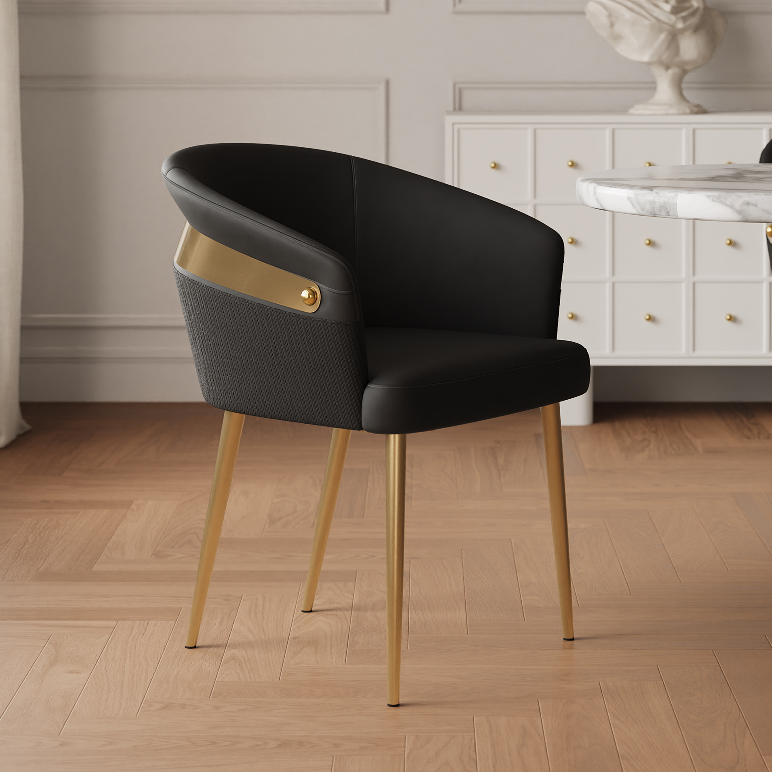 Modern Black PU Leather Dining Chair Curved Back with Gold Legs