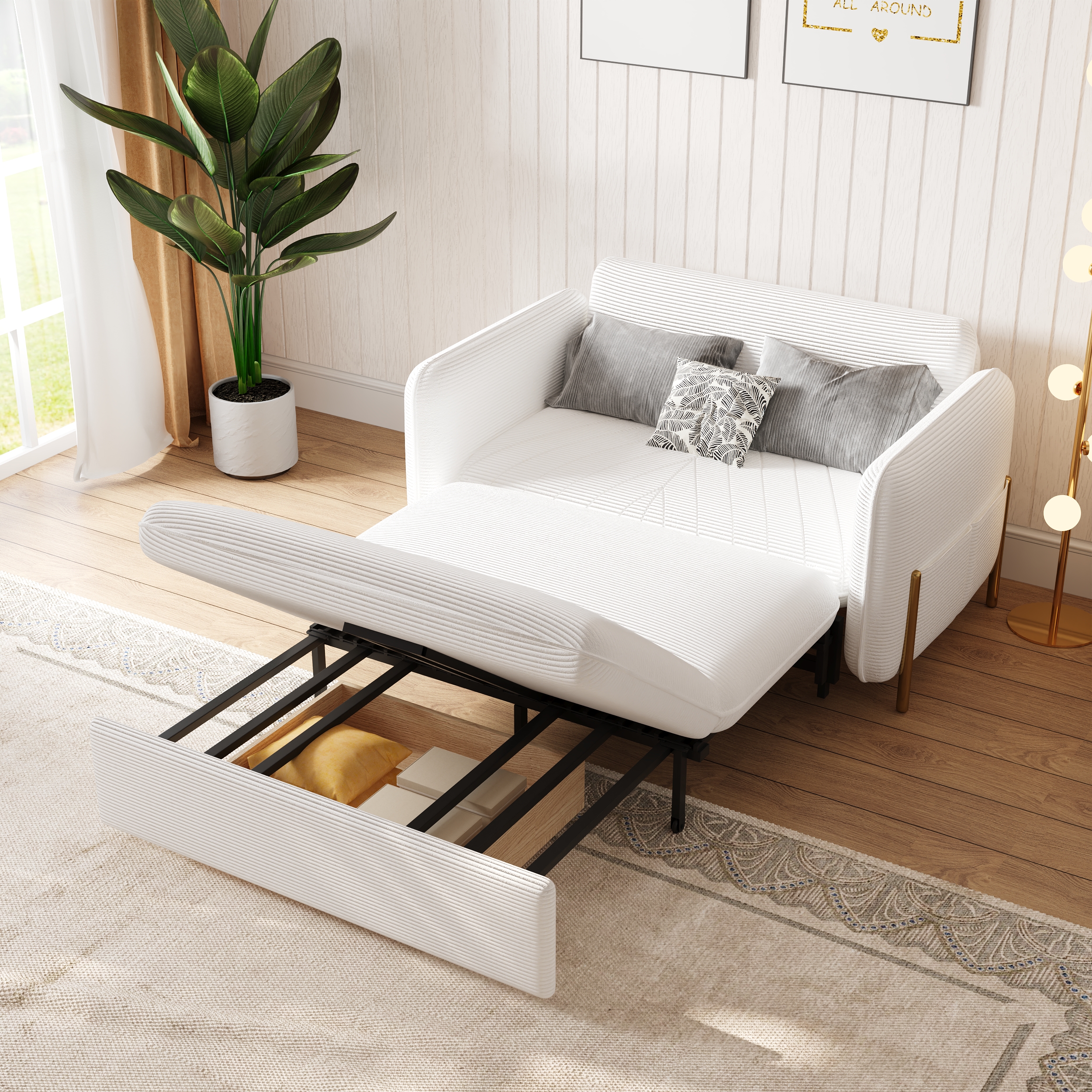 135 cm Full Sleeper Sofa White Corduroy Upholstered Convertible Sofa