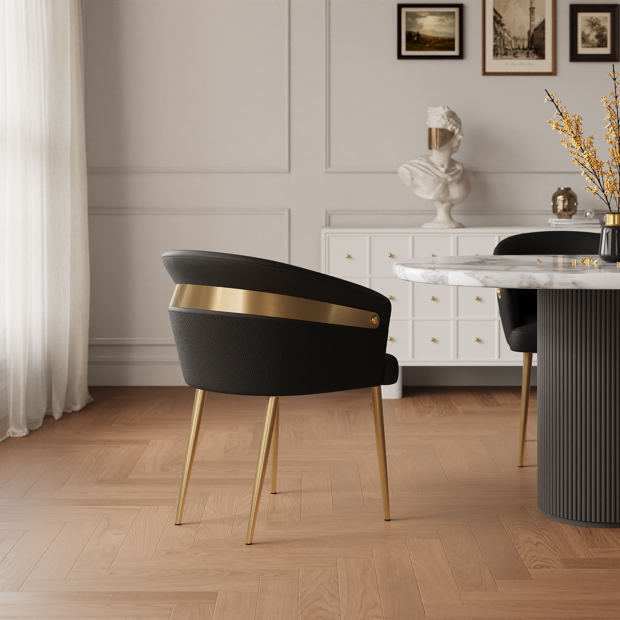 Set of 2 Modern Black PU Leather Dining Chair Curved Back with Gold Legs