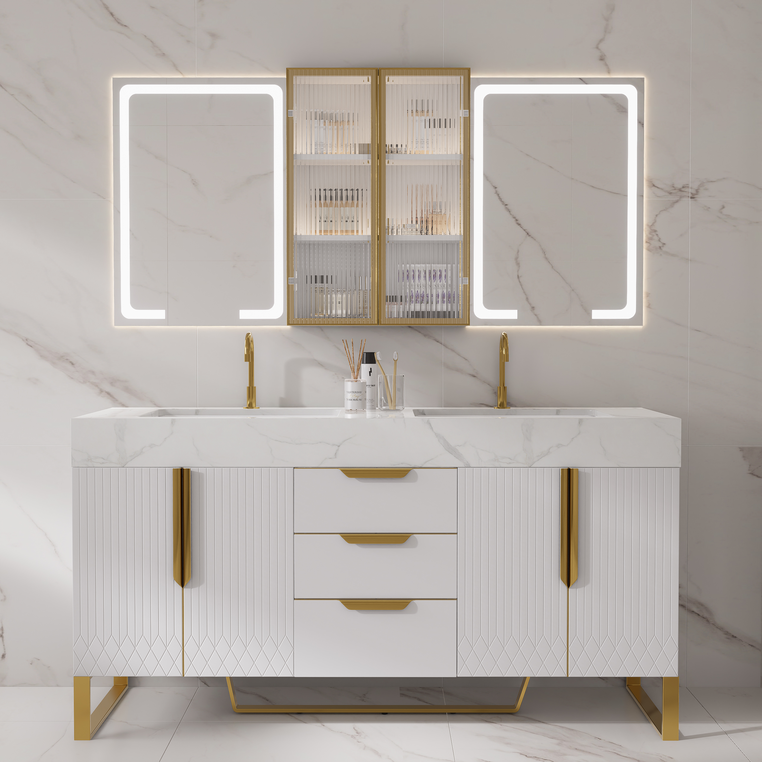 Juego de tocador independiente con doble lavabo de 1500 mm con botiquín LED con almacenamiento